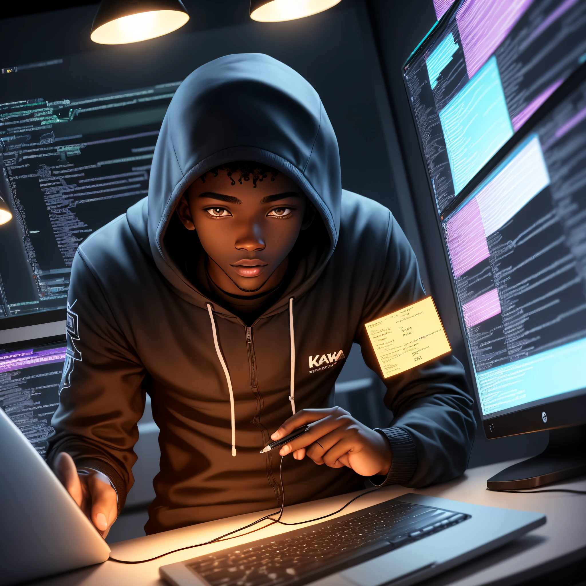 Coding at night, kawa, hacker boy, black-skinned, high detal, 4K