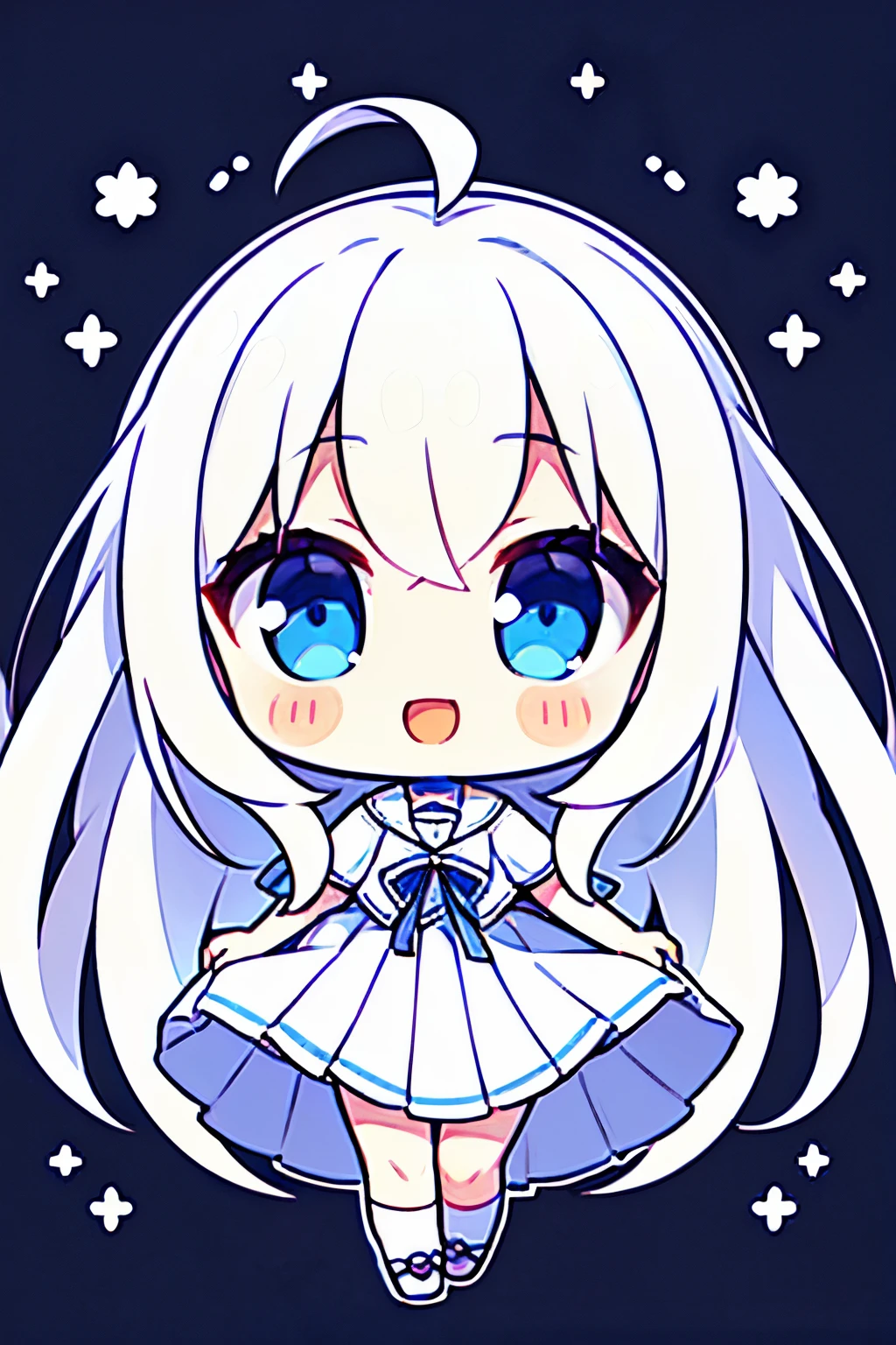 whole body, Girls' Front, chibi, 1 girl, 10 years old, long white hair, long hair with long locks, parted bangs, beautiful white hair, cute face, happy, blank stare, flat chest best quality, pale blue eyes, white skin, hair and clothes is white flower, high low white skirt, whitefootwear, white Clothes,