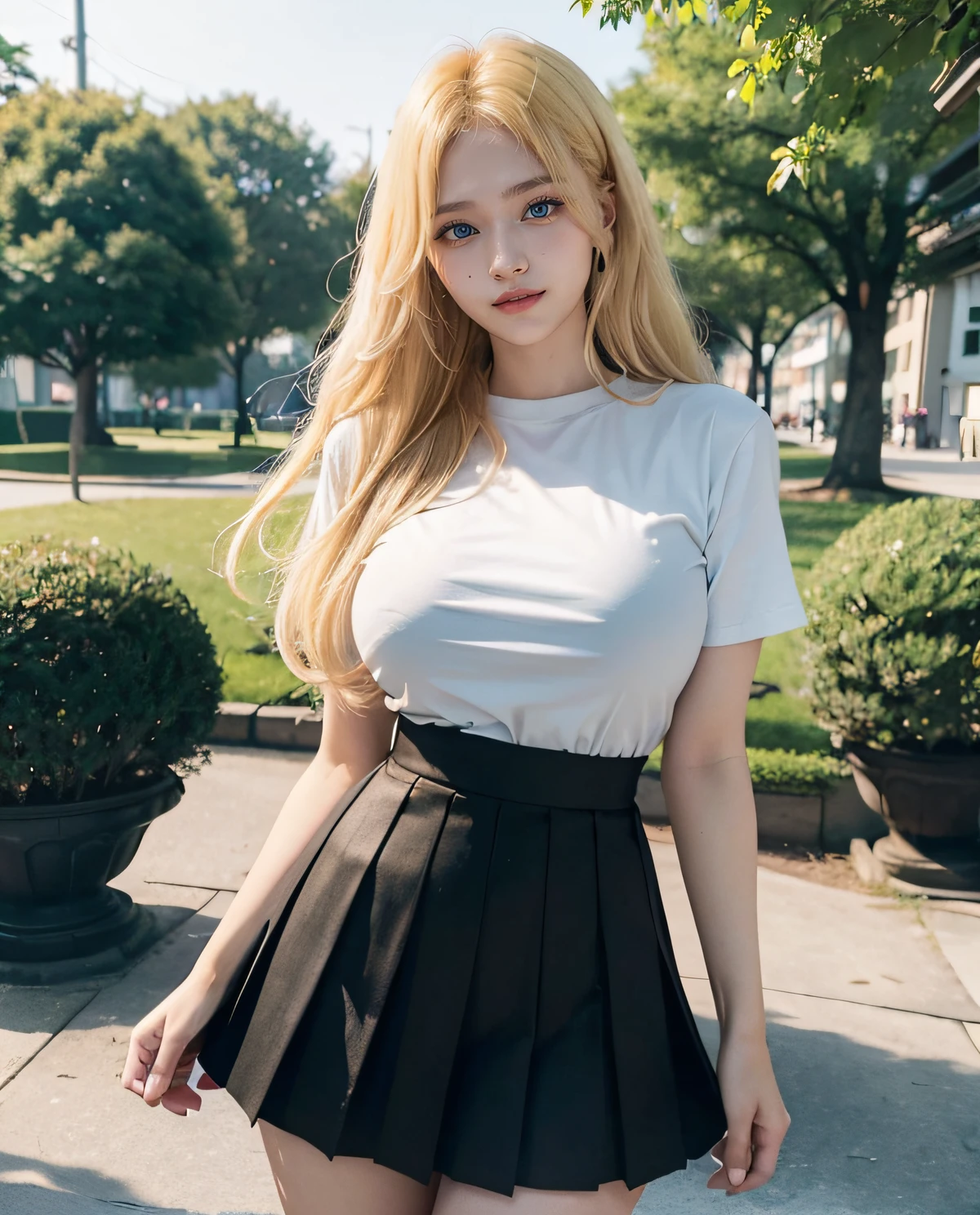 1girl, (Blue Eyes), (smiling :1.2), (black makeup :1.2), (long eyelashes :1.2), wide hips, (big tits), (big ass), (thin waist :1.2), (thick thighs), (toned legs :1.1), muscle, (Best Quality, 8k, Masterpiece: 1.3), Clear Focus: 1.2, Perfect Body Beauty: 1.4, (strong abs :1.2), Highly detailed face and skin texture, detailed eyes, double eyelids, (shiny skin :1.2), red lips, (long blonde straight hair :1.2), (white t-shirt :1.1), (black pleated skirt :1.2), (black long stocking :1.2), (closeup face :1.2), standing, dynamic pose, on the street, against a brick wall, out of focus background