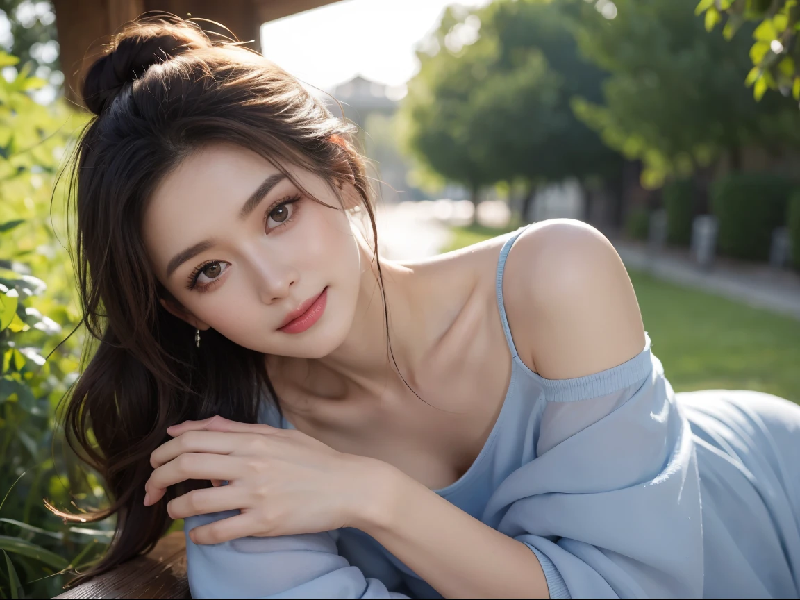 1girl,blush,eyelash,half updo,messy hair,make up,powder blusher,beautifully detailed big round dark brown eyes,double eyelid,supermodel,detailed pale skin,smile,looking at viewer,
smile,huge breasts,
blue dress,bare shoulders,breasts,outdoors,cowboy shot,thighs,off shoulder,plunging neckline,
masterpiece,best quality,high quality,highres,natural light,ray tracing,volumetric light,realistic,photorealistic,ultra highres,