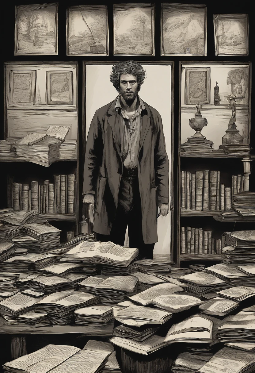 A dimly lit room filled with flickering candles and ancient artifacts, casting eerie shadows on the walls.,original,Vincent “Vortex” Malone, with his disheveled appearance, is often seen in a dimly lit room, surrounded by screens and stacks of obscure books and papers. His wild, unkempt hair and intense, piercing eyes reflect his immersion in the world of conspiracy theories., male