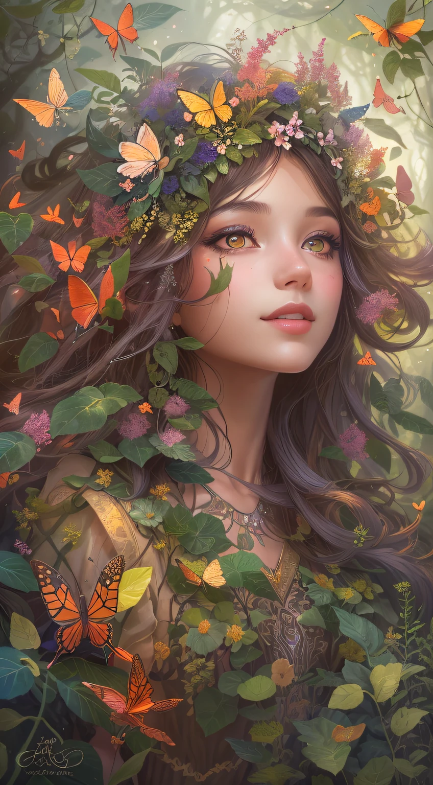 In a magical world, A plant girl with glowing vines and flowers, Delicate skin,Ethereal beauty appears. She is surrounded by vibrant and charming foliage, Colorful petals seem to be dancing in the wind. her eyes glistening with a hint of mystery, Reflecting the wonders of her mysterious world. Her lips, Decorated with natural rose tones, Exudes a gentle and charming smile. The exquisite details of her eyes and face accentuate her otherworldly charm.
The medium used to depict this mesmerizing scene is a captivating blend of digital illustration and surrealism. The rich textures and intricate patterns of flowers and plants create a dreamy and ethereal atmosphere. Vibrant colors and soft lighting enhance the magical ambience, Give artwork depth and vitality.
Other details of the artwork include the girl's flowing leaf-like hair, Extending gracefully and blending in with the surrounding botanical wonders. The intricate details on her dress reveal the harmony between nature and mystical essence, Delicate vines and petals intricately intertwined. Butterflies and hummingbirds danced around her, Add a touch of whimsy and life to the scene.
In terms of image quality, This artwork is of the best quality, with high resolution (4K 或 8K) and ultra-detailed renderings. vibrant with colors、with dynamism, Create visually stunning masterpieces. The overall style of the artwork blends fantasy realism and magical surrealism, Spark the imagination,Taking viewers into a world of wonder and awe.
The color palette of this artwork leans towards a warm and vibrant spectrum, Focus on abundant green vegetables, vibrant pink, and deep purple. Soft and charming lighting, Casting soft sunlight through the leaves, Create light and shadow effects,Add depth and dimensionality to your scene.
All-encompassing, This artwork depicts an enchanting scene of a plant girl in a magical world, Surrounded by vibrant foliage,exuding an ethereal beauty. The fusion of digital illustration and surrealism creates visually captivating works of art, Vibrant colors and soft lighting enhance the magical ambience. An exploration of the wonders of nature and the mysterious side of the Magic Kingdom, Inviting viewers to immerse themselves in a world where dreams and reality intersect.