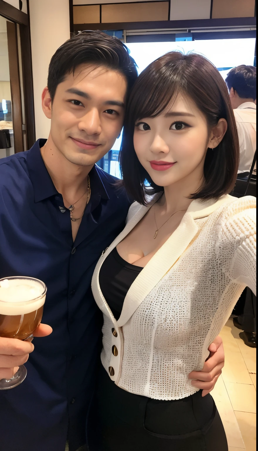 ((Best Quality, 8K, masutepiece :1.3)), (Realistic, Photorealistic:1.4)A pretty woman with perfect figure :1.4, super gigantic breast, Beautiful, Smile, (Bright:1.4), Pretty Woman, (Highly detailed face:1.2), Detailed eyes, 二重まぶた, japanese pretty woman, slim:1.9, slender, Oily skin, Shiny skin, silk hair,Short bob black hair, Tight clothes,Huge breasts,Super huge,2 men and women,two shot,2 men and women,two shot,2 men and women,Izakaya,two shot,One Man,2 men and women,Japan men,Looking at the camera,Japan men,two shot,2guys,Selfie Camera,Selfie Camera,husband and wife,husband and wife,Izakaya,couple in tavern,Japan men,two shot,husband and wife,Japan men,two shot,husband and wife,Japan men,two shot,a short bob,Colossal tits,husband and wife,Japan men,husband and wife,Two shots of Japan men,Japan men,a couple,ultra gigantic tits,Couple Two Shots,ultra gigantic tits,Uncle and Two Shots,Uncle and Two Shots,Uncle and Two Shots,date,Flirting,Flirting,lovey-dovey,lovey-dovey,Flirting,a couple,a couple,Age difference couple,Age difference couple,Age difference couple,Age difference couple,lovey-dovey,lovey-dovey,chum,chum,lovey-dovey,a couple,Couple in love,man with arm around waist,a short bob,Colossal tits,Selfie Camera,Business suits,Beer in one hand