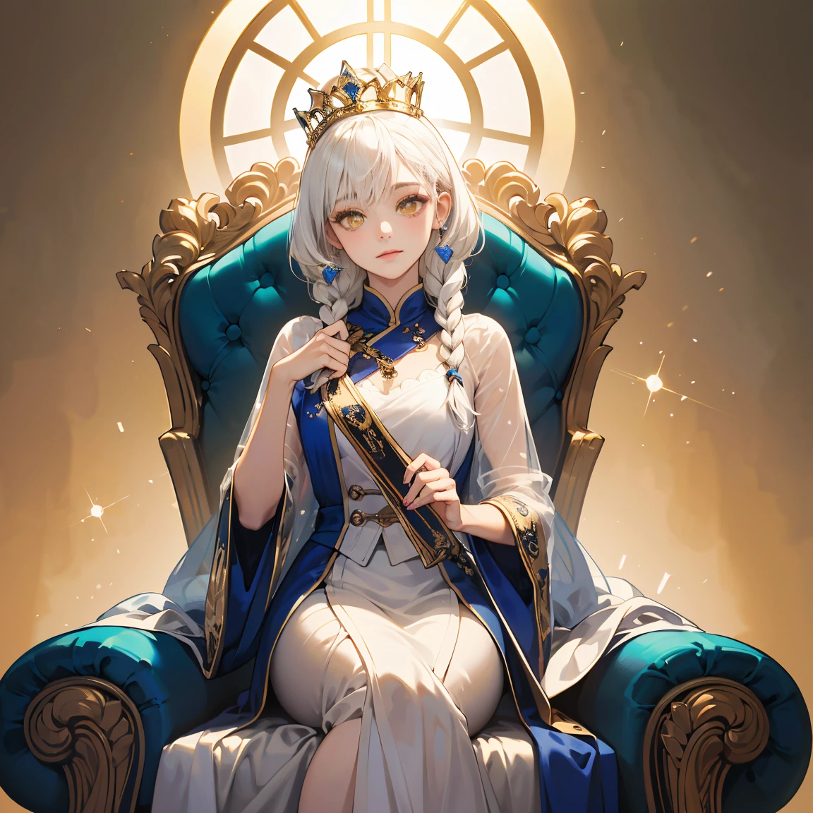 (masterpiece:1.2)、top-quality、(illustratio:1.2)、(ultra-detailliert)、Hyper-detailing、(delicate detail)、(intricate detailes)、(ciinematic light、best quality backlight)、Clear Line、frombelow、soloist、the perfect body、(1girl in)、White hair and yellow eyes、(A queen、Black see-through clothes)、(diadems:1.1)、Sit on the throne、Condescending eyes、Keep your head down、(full of shyness:1.2)、(makeup)、highly contrast、(The best lighting、Very creative and beautiful)、 (Cinematic Light)、colourfull、Foot braids