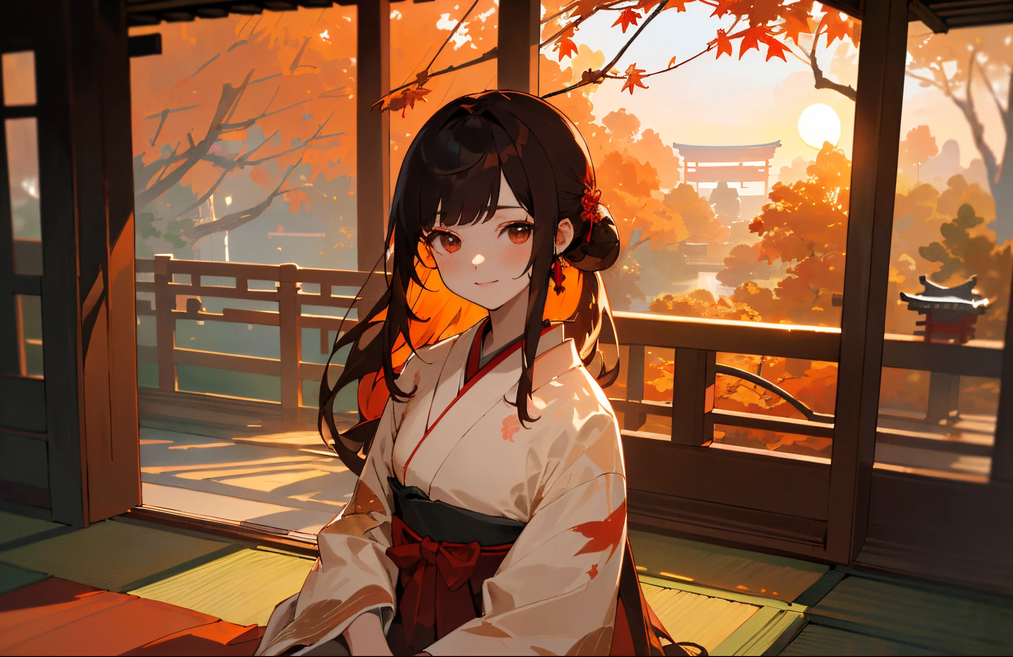 ((masterpiece,hight resolution,8K picture quality,top-quality)),1girl in,((extra detailed face)),femele,Delicate eyes,Madder eyes,((hairstyle on:Straight Long,A dark-haired,Hair that hits the light is dark red)),red classical pattern ribbon,Dark orange classic pattern kimono,Modern taste,Taisho,Dramatic makeup,Smile gently,Natural complexion,Brown leather southern pattern collar,sun light,sunset,((autumnal,Colored leaves,You can see the sunset from the veranda,Japanese garden,traditional Japanese room,evening glow,Watching the sunset from the porch)),