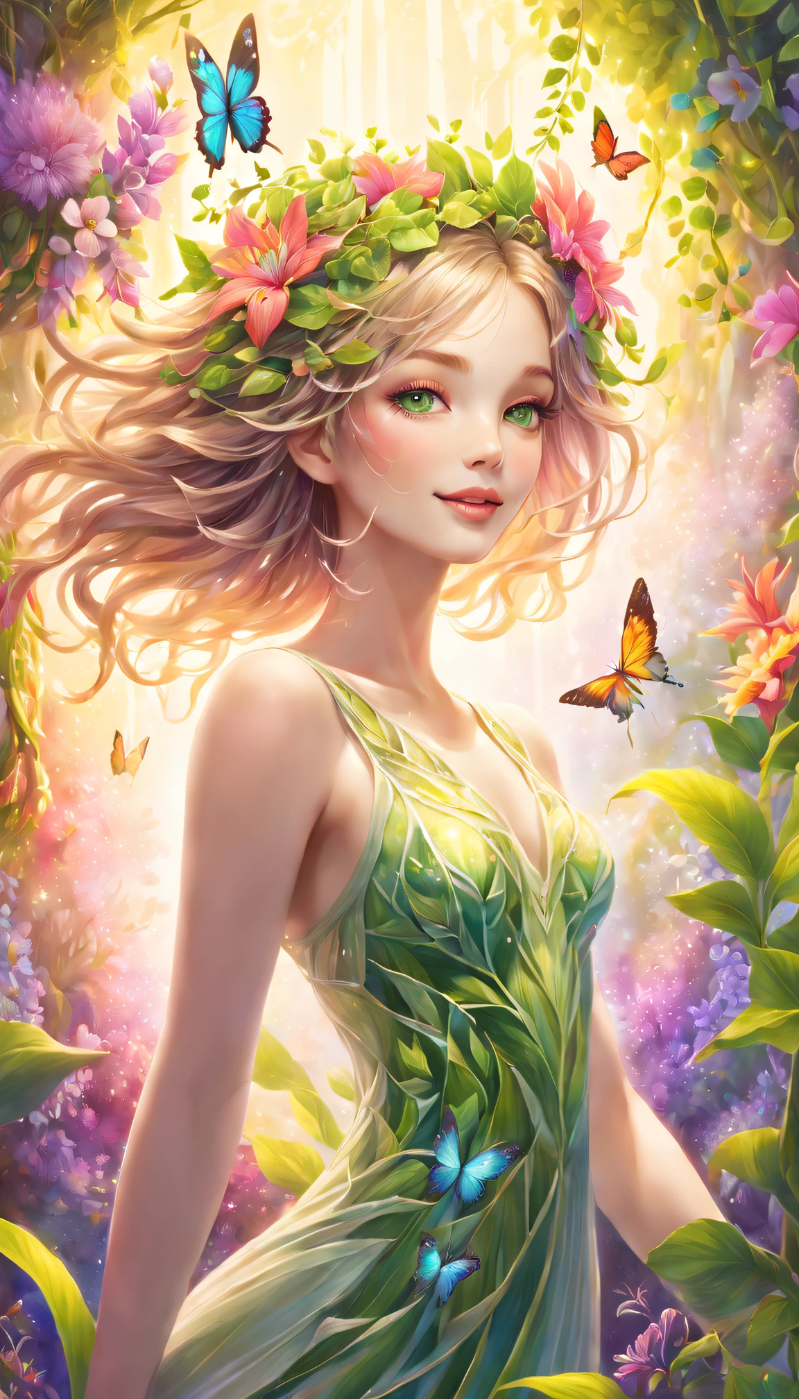 In a magical world, A plant girl with glowing vines and flowers, Delicate skin，Ethereal beauty appears. She is surrounded by vibrant and charming foliage, Colorful petals seem to be dancing in the wind. her eyes glistening with a hint of mystery, Reflecting the wonders of her mysterious world. Her lips, Decorated with natural rose tones, Exudes a gentle and charming smile. The exquisite details of her eyes and face accentuate her otherworldly charm. 

The medium used to depict this mesmerizing scene is a captivating blend of digital illustration and surrealism. The rich textures and intricate patterns of flowers and plants create a dreamy and ethereal atmosphere. Vibrant colors and soft lighting enhance the magical ambience, Give artwork depth and vitality.

Other details of the artwork include the girl&#39;s flowing leaf-like hair, Extending gracefully and blending in with the surrounding botanical wonders. The intricate details on her dress reveal the harmony between nature and mystical essence, Delicate vines and petals intricately intertwined. Butterflies and hummingbirds danced around her, Add a touch of whimsy and life to the scene.

In terms of image quality, This artwork is of the best quality, with high resolution (4K 或 8K) and ultra-detailed renderings. vibrant with colors、with dynamism, Create visually stunning masterpieces. The overall style of the artwork blends fantasy realism and magical surrealism, Spark the imagination，Taking viewers into a world of wonder and awe.

The color palette of this artwork leans towards a warm and vibrant spectrum, Focus on abundant green vegetables, vibrant pink, and deep purple. Soft and charming lighting, Casting soft sunlight through the leaves, Create light and shadow effects，Add depth and dimensionality to your scene.

All-encompassing, This artwork depicts an enchanting scene of a plant girl in a magical world, leaked chest after being...enclose