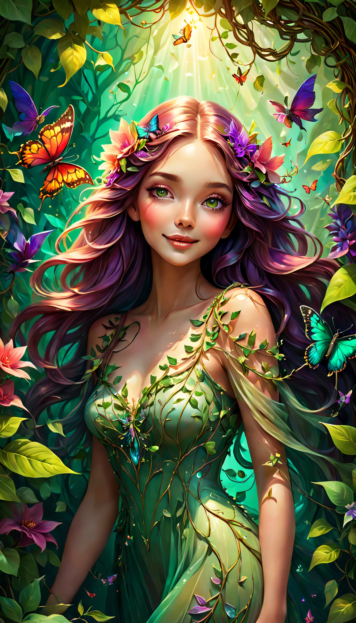 (solo:1.3), (symmetrical:1.3), (cute cartoon style:1.3), (close up:1.3), mesmerizing plant enchantress, her touch leaving a trail of withered foliage, standing in a metropolis, surrounded by vibrant and lush vegetation, ((long flowing hair is intertwined with vines and adorned with blooming flowers)), sinister smile, ((sharp thorns)), blending seamlessly with the flora around her, More Detail