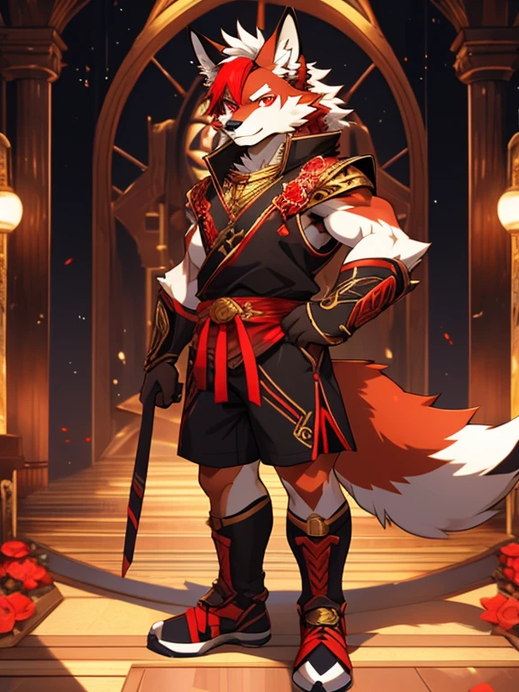 Wonderful details of a masterpiece. Red Wolf, Handsome, black and red eyes, Long white hair, Robust body,Youth stature,nakeness, Black shorts with gold trim, Confident eyes