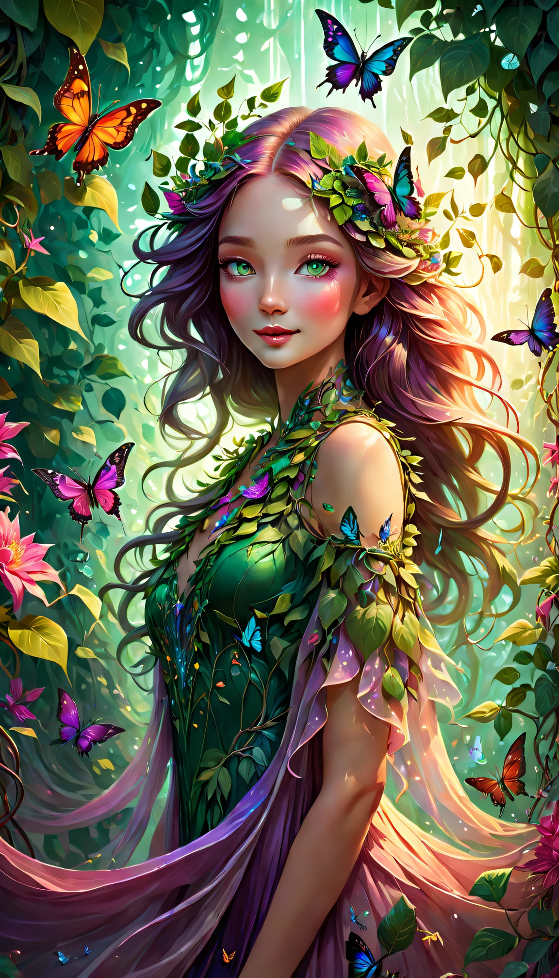 In a magical world, A plant girl with glowing vines and flowers, Delicate skin,Ethereal beauty appears. She is surrounded by vibrant and charming foliage, Colorful petals seem to be dancing in the wind. her eyes glistening with a hint of mystery, Reflecting the wonders of her mysterious world. Her lips, Decorated with natural rose tones, Exudes a gentle and charming smile. The exquisite details of her eyes and face accentuate her otherworldly charm.
The medium used to depict this mesmerizing scene is a captivating blend of digital illustration and surrealism. The rich textures and intricate patterns of flowers and plants create a dreamy and ethereal atmosphere. Vibrant colors and soft lighting enhance the magical ambience, Give artwork depth and vitality.
Other details of the artwork include the girl's flowing leaf-like hair, Extending gracefully and blending in with the surrounding botanical wonders. The intricate details on her dress reveal the harmony between nature and mystical essence, Delicate vines and petals intricately intertwined. Butterflies and hummingbirds danced around her, Add a touch of whimsy and life to the scene.
In terms of image quality, This artwork is of the best quality, with high resolution (4K 或 8K) and ultra-detailed renderings. vibrant with colors、with dynamism, Create visually stunning masterpieces. The overall style of the artwork blends fantasy realism and magical surrealism, Spark the imagination,Taking viewers into a world of wonder and awe.
The color palette of this artwork leans towards a warm and vibrant spectrum, Focus on abundant green vegetables, vibrant pink, and deep purple. Soft and charming lighting, Casting soft sunlight through the leaves, Create light and shadow effects,Add depth and dimensionality to your scene.
All-encompassing, This artwork depicts an enchanting scene of a plant girl in a magical world, leaked chest after being...enclose
