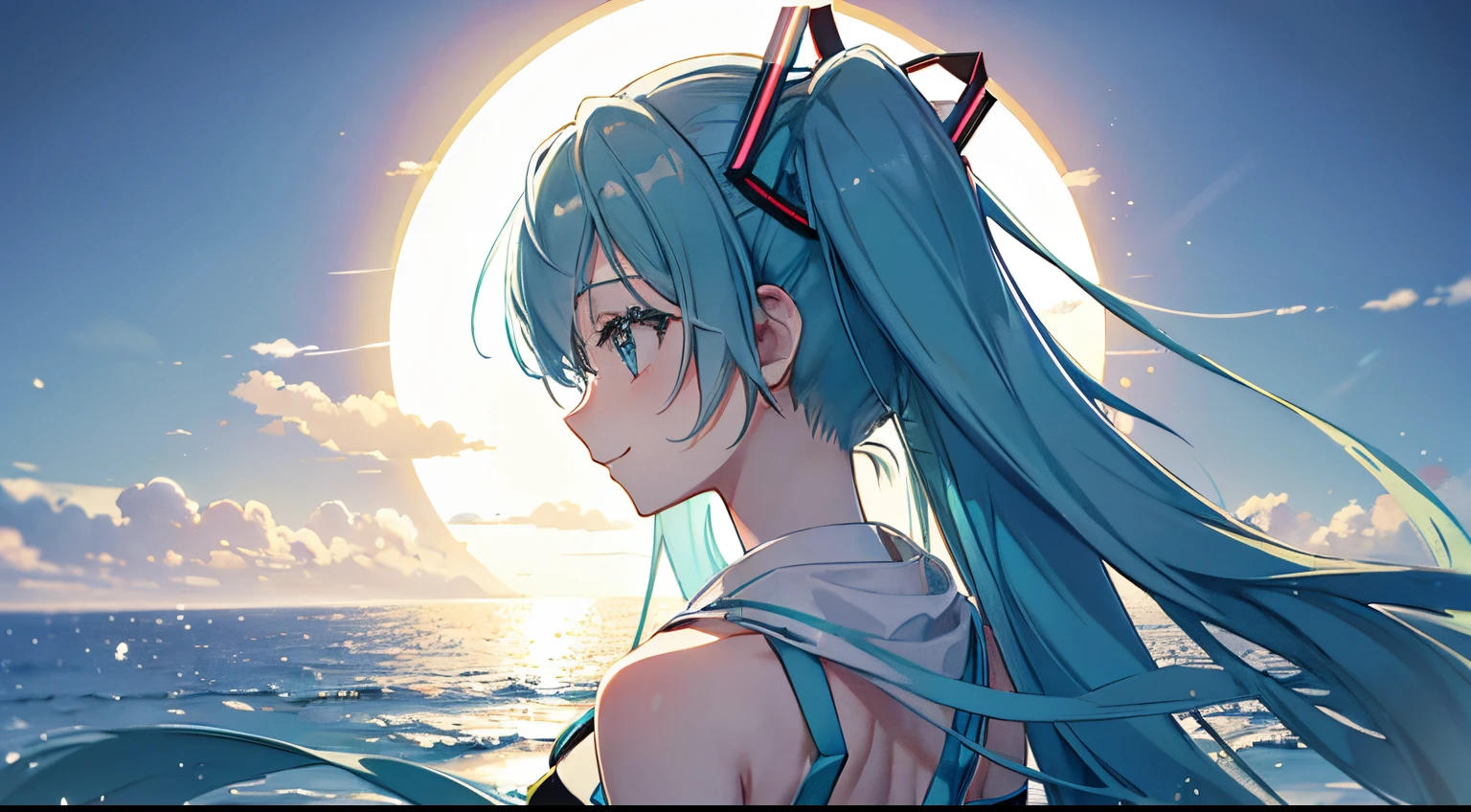 miku hatsune, A slight smil, profile, Small chest, landscape,Light transparency, back lighting, (masutepiece), (Best Quality, 8K, High resolution), Ultra-detailed, (Realistic), Vibrant colors