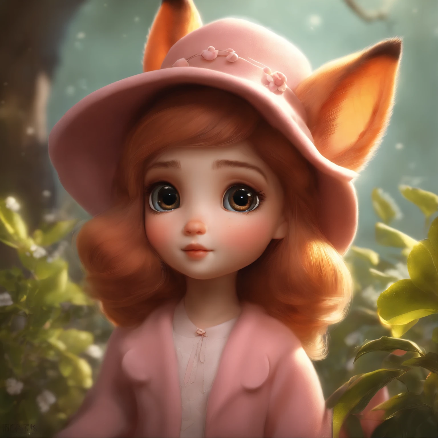 真实感, Realism, 真实感, Realism, Close up of cute tiny fireflies around a huge oak tree, Morning lighting, dew, illuminate the bush, a detailed painting, cgsociety, Detailed painting, artstation hd, high detail, cgsociety, photo realism, Concept art, artstation hd, official arts, bokeh  ,Close up of cute tiny fireflies, lighting up a bush, a detailed painting, cgsociety, Detailed painting, artstation hd, high detail, cgsociety, photo realism, Concept art, artstation hd, official arts, bokeh ,gremlin, like a little fox, petite girl, big white hat, wearing a light pink dress, white hat on head, Huge eyes, large ears, flower in paw, white and red fur, large red tail with white tip, pink and yellow wool coat, The clothes, Best Quality, Masterpiece, in style of dark fantasy art, in the style of fairy tale fantasy,