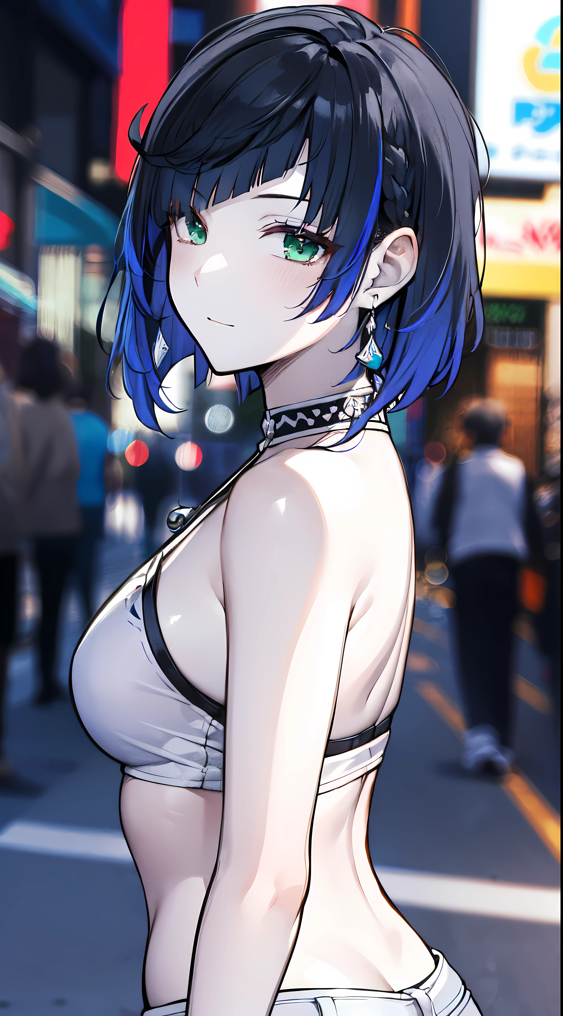 (masterpiece:1.2), (pale skin:1.2), (solo:1.2), (female:1.1), (emphasis lines:1.3), (black hair), bare shoulders, blue hair, closed mouth, (multicolored hair), green eyes, outdoors, short hair, from side, shoulder blades, (sanpaku eyes)