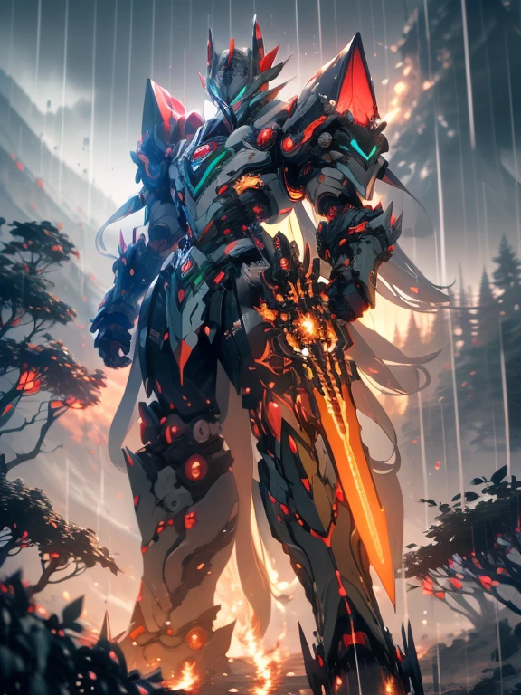 Robot Elf King,Ren Paulin,sharp talons,独奏,High hills,at a forest,rainy evening,Ren Paulin,epic, HighDynamicRange, hyper-detailing, 电影灯光