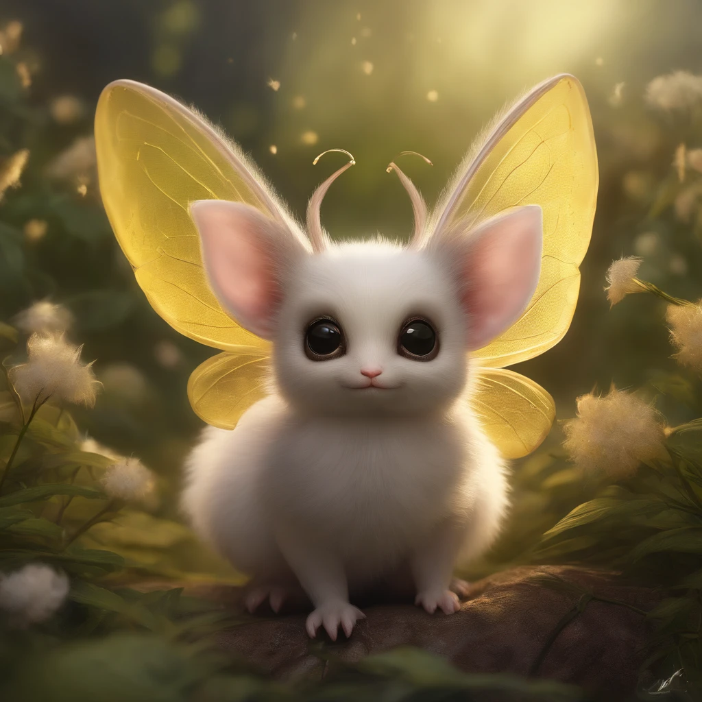 Realism, 真实感, Close up of cute tiny fireflies, illuminate the bush, a detailed painting, cgsociety, Detailed painting, artstation hd, high detail, cgsociety, photo realism, Concept art, artstation hd, official arts, bokeh ,gremlin, like a big moth, , petite girl, Huge eyes, Transparent wings, tendrils, large ears, white and pinkish fur, short tail, yellow wool jacket, The clothes, Best Quality, Masterpiece, in style of dark fantasy art, Fairytale style, Fantasy fairy tale, KPOP Style
