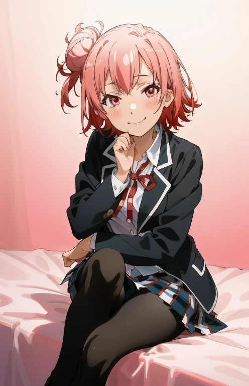 masutepiece, High quality, Best Quality, High resolution, 4K, High Definition, Beautiful lighting,Highly detailed face, well-drawn hands, well-drawn legs,well-drawn feet,well-drawn eyes,1girl in, Short hair, Pink hair, Pink eyes, Yui, Hair bun,sobu highschool uniform, Black Blazer, White shirt, red ribbon plaid skirt, Smiling,Black tights