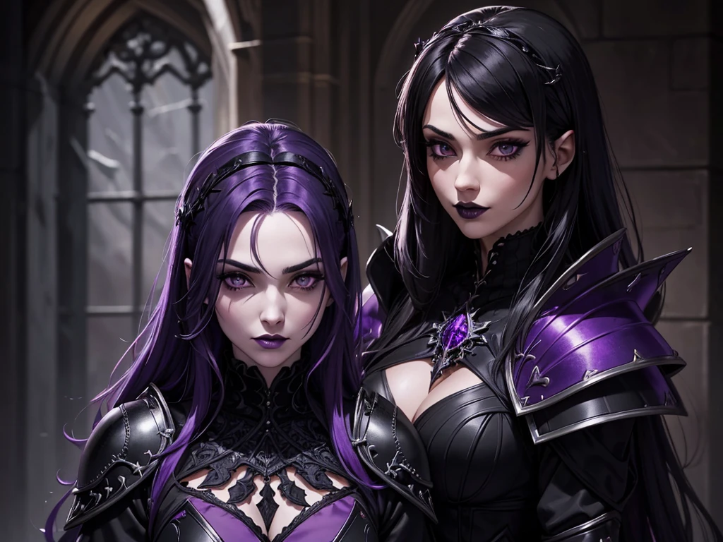 An adult vampire wizard character wearing a very detailed and beautiful gothic armor in black and purple color. Seu cabelo com corte em estilo curto, black lip color, cor roxa dos olhos;, manto, capuz, caminhando, 8k, Magnificent, Black and purple Gothic armor, capa
