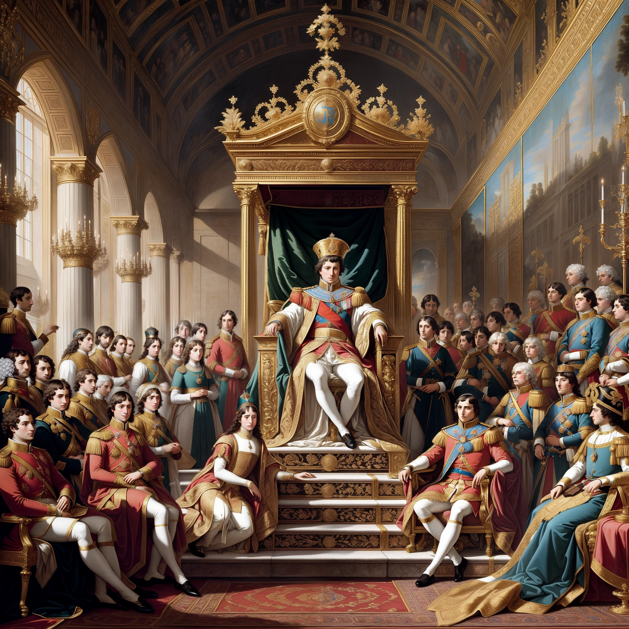 a crowd of people sitting around a throne々painting of a, Napoleon, historical works of art, Emperor of France, coronation ceremony, monarchy, Napoleon, History painting, majesty in noble clothes, from the duchy of lituania, Jacques-Louis David Style, ​masterpiece」, award-winning historical paintings, in throneroom, History painting, neoclassic painting, Royal portrait