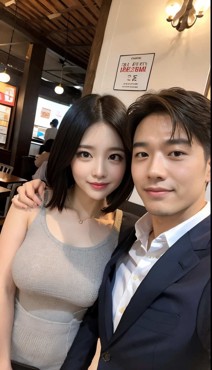 ((Best Quality, 8K, masutepiece :1.3)), (Realistic, Photorealistic:1.4)A pretty woman with perfect figure :1.4, super gigantic breast, Beautiful, Smile, (Bright:1.4), Pretty Woman, (Highly detailed face:1.2),  Detailed eyes, 二重まぶた, japanese pretty woman, slim:1.9, slender, Oily skin, Shiny skin, silk hair,Short bob black hair, Tight clothes,Huge breasts,Super huge,2 men and women,two shot,2 men and women,two shot,2 men and women,Izakaya,two shot,One Man,2 men and women,Japan men,Looking at the camera,Japan men,two shot,2guys,Selfie Camera,Selfie Camera,husband and wife,husband and wife,Izakaya,couple in tavern,Japan men,two shot,husband and wife,Japan men,two shot,husband and wife,Japan men,two shot,a short bob,Colossal tits,husband and wife,Japan men,husband and wife,Two shots of Japan men,Japan men,a couple,ultra gigantic tits,Couple Two Shots,ultra gigantic tits,Uncle and Two Shots,Uncle and Two Shots,Uncle and Two Shots,date,Flirting,Flirting,lovey-dovey,lovey-dovey,Flirting,a couple,a couple,Age difference couple,Age difference couple,Age difference couple,Age difference couple,lovey-dovey,lovey-dovey,chum,chum,lovey-dovey,a couple,Couple in love,man with arm around waist,a short bob,Colossal tits,Selfie Camera,Business suits,Beer in one hand
