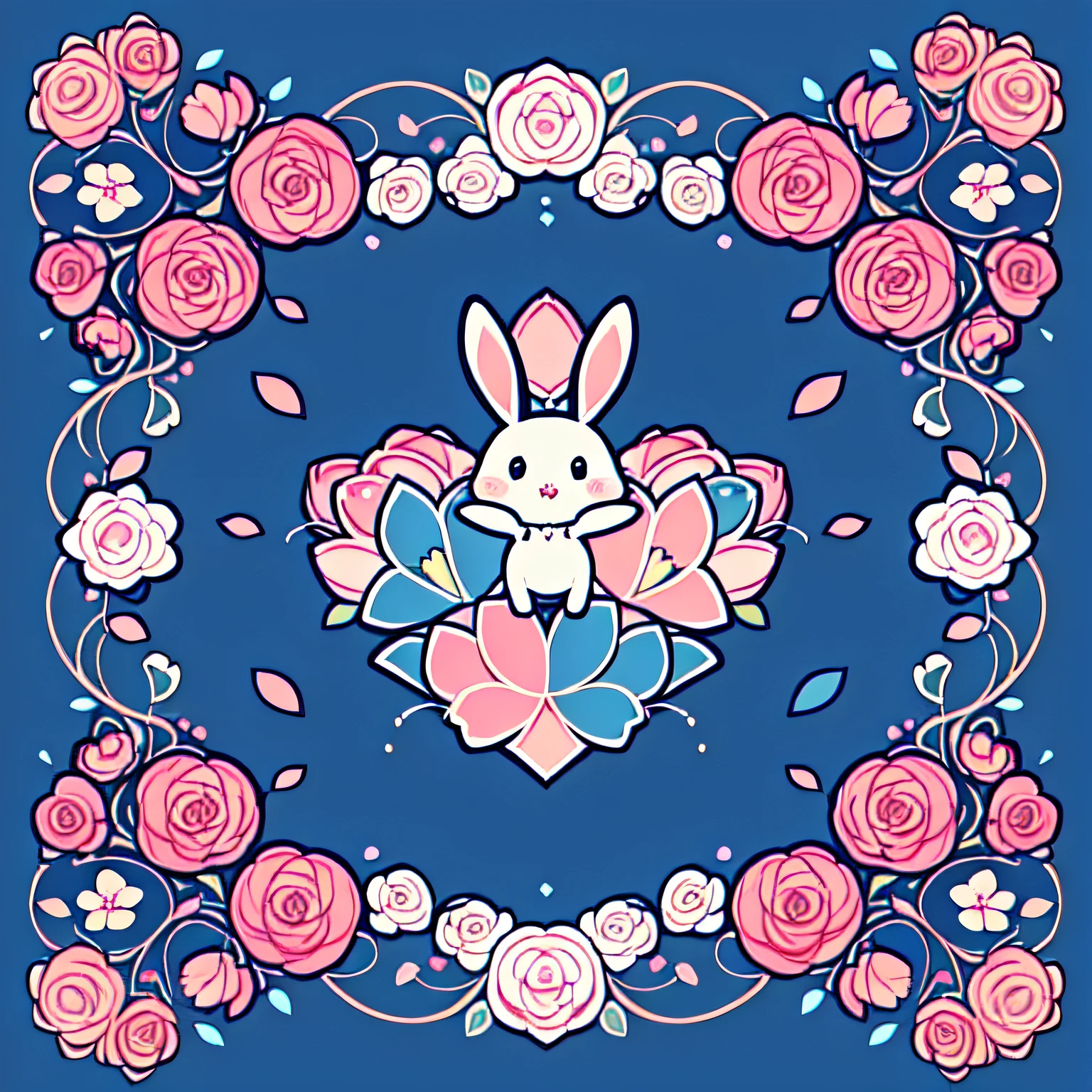 without humans,without humans,tmasterpiece,Best quality at best,(clear itinerary)，flat form style,(blue,Pink theme:1.2),rosette,petals,beatiful background,Symmetrical, patterned,blossoms,the bow,Bow knot,Cute cute little bunny