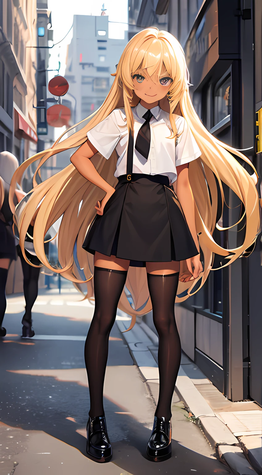 tanned skin, long blonde hair, small stature, black stockings, cute, happy, urban clothing