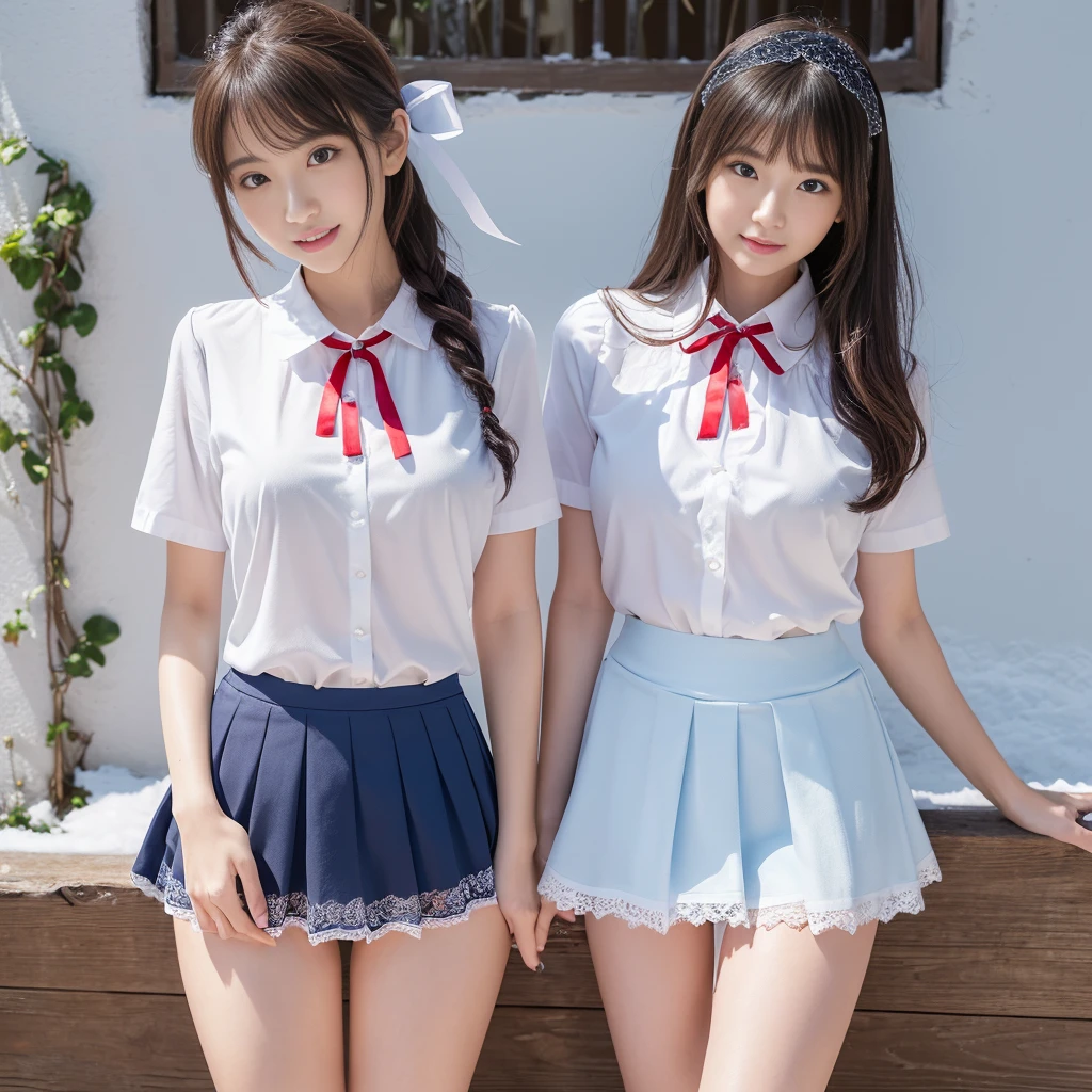 (((Dark blue school uniform、White blouses、Cute white white short sleeve blouse with red ribbon)))、ultra-detailliert、masterpiece、top-quality、超A high resolution、8K high image quality、Photogenic clarity、Real live-action、(((The panties are light blue panties made of lace material.、String panties)))、(((See all panties)))、(((The skirt is definitely worn)))、(((Lift skirt hem)))、A detailed eye、perfect anatomy body proportions ,hard disk、nffsw , Nikon Z9 80mm Lens , masutepiece、Model Standing、Tiny panties、Small micro panties、Pubic hair can be seen through the lace of the panties、Sit in a triangle with your thighs slightly inward、panties focus、too bright natural light、Sunshine、Detailed lace panty pattern、Plain white panties、(((Lifting skirt while standing to show off panties to camera)))、(((Beautiful alignment and snow-white teeth)))、(((Lift the skirt bigger and bigger,、Show your panties to the camera)))、The most popular and beautiful employees of the company、Ultra slim body Gcup bust、Body shape of slim model、Beautiful posture、Panty shot from below