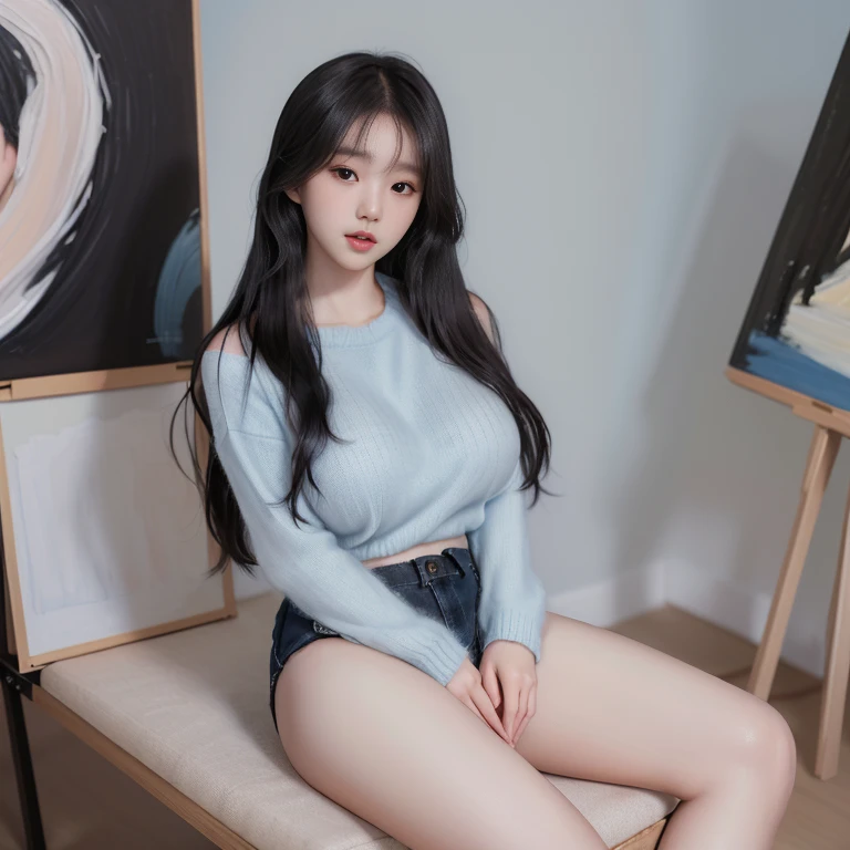 portrait of a beautiful south korean asian girl sitting, pretty face, super big breasts covered by delicate (loose) light blue sweater, beautiful long black straight hair, smooth, portrait, high resolution, 8k, painting, masterpiece, (W cup breast), gently tempt, mini panties, open legs and panties