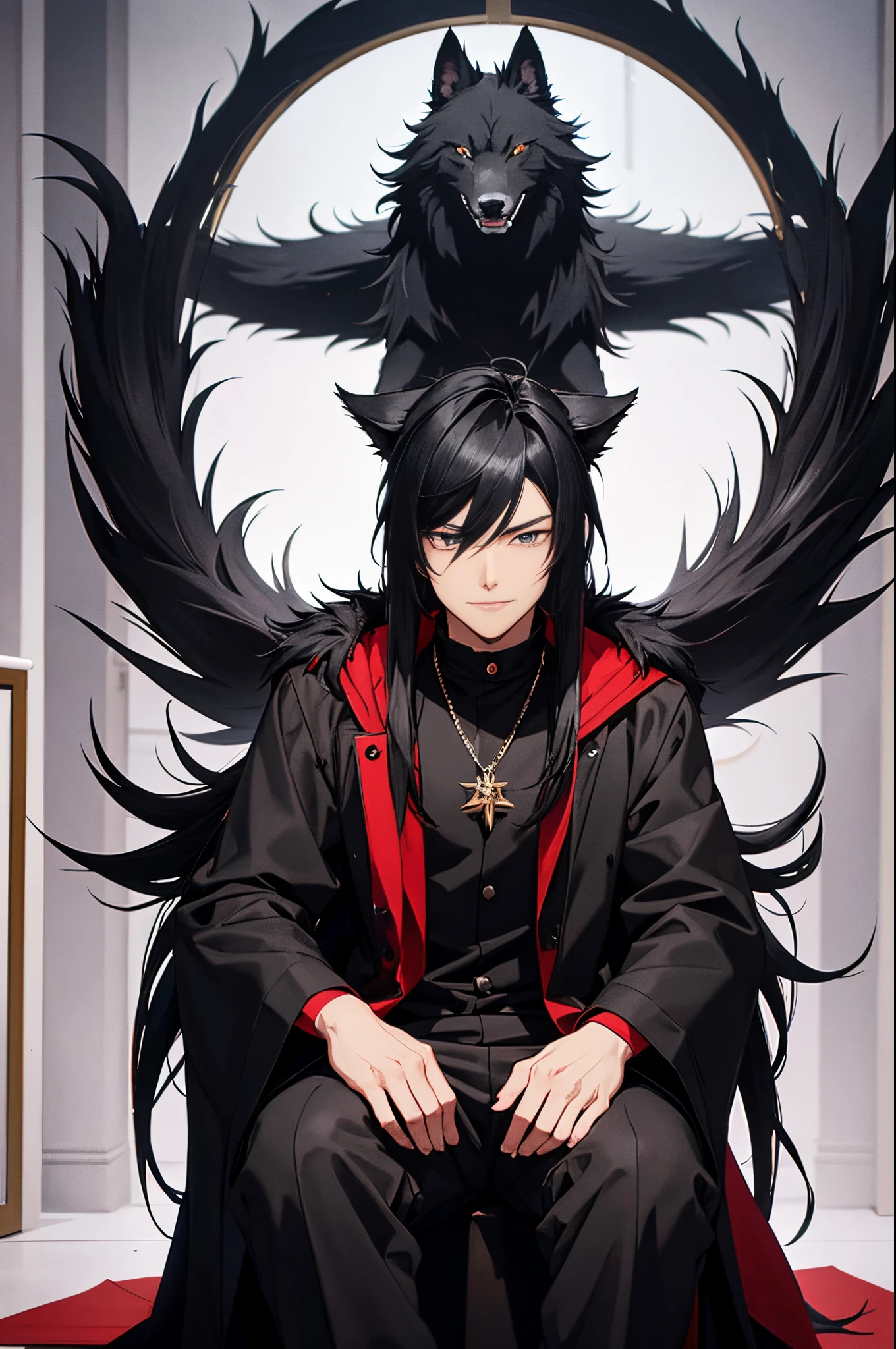 anime style, young adult, male, black coat trimmed with red fur, long and mane-like black hair, dull black eyes, smiling, beautiful face, lean body, black sweatpants, feminine face, black throne room scenario, sitting on a black throne, black stone wolf statues