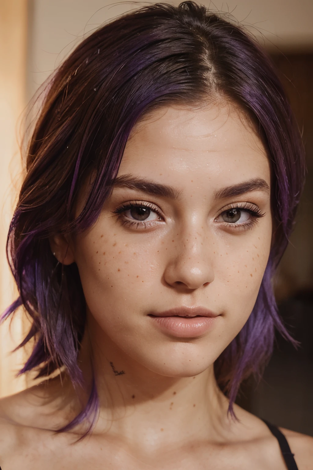 realistic portrait photo of beautiful woman with purple hair, hair roots slightly faded, spanish, influencer, light freckles, light brown eyes, no makeup, instagram