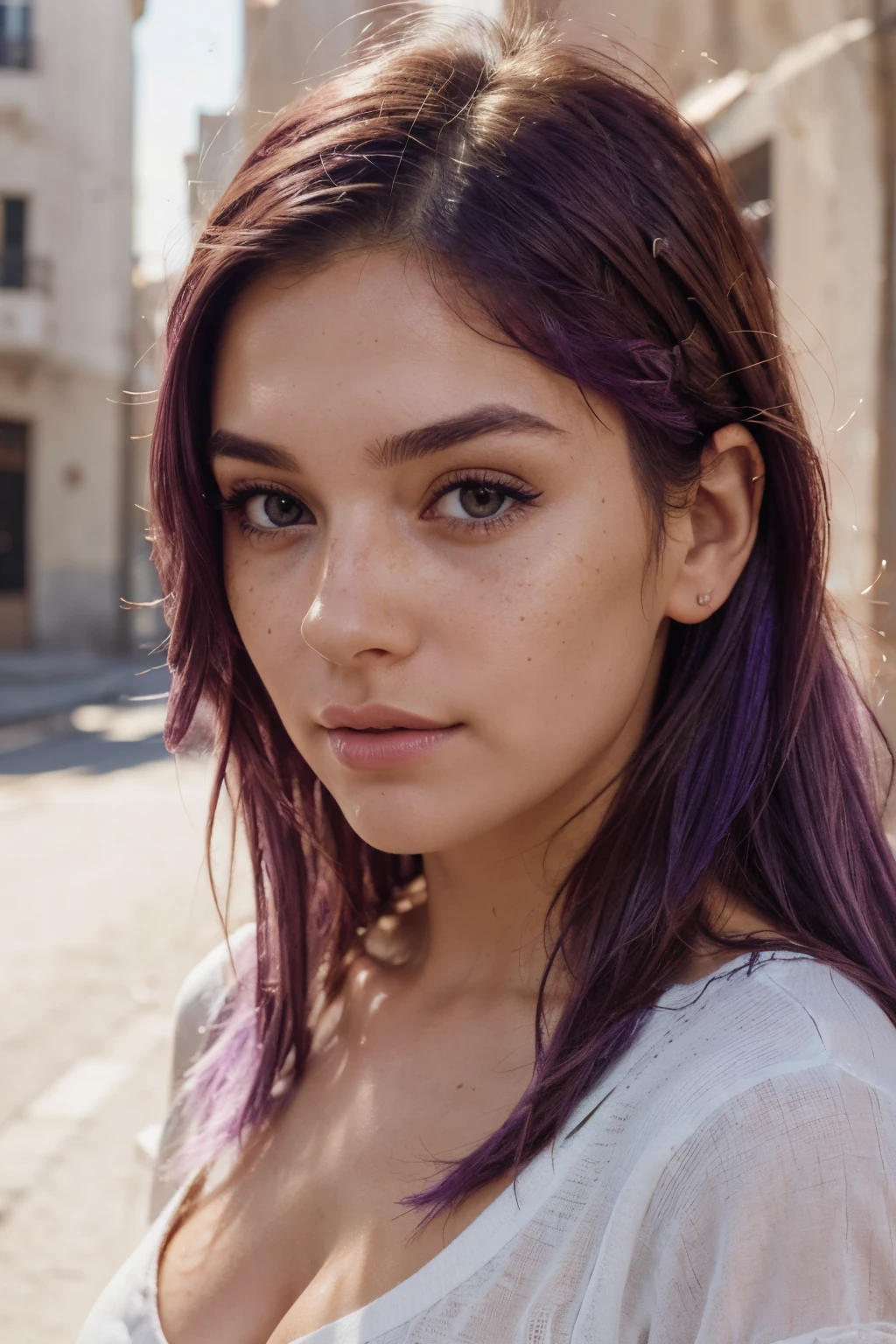 realistic portrait photo of beautiful woman with purple hair, hair roots slightly faded, spanish, influencer, light freckles, light brown eyes, no makeup, instagram