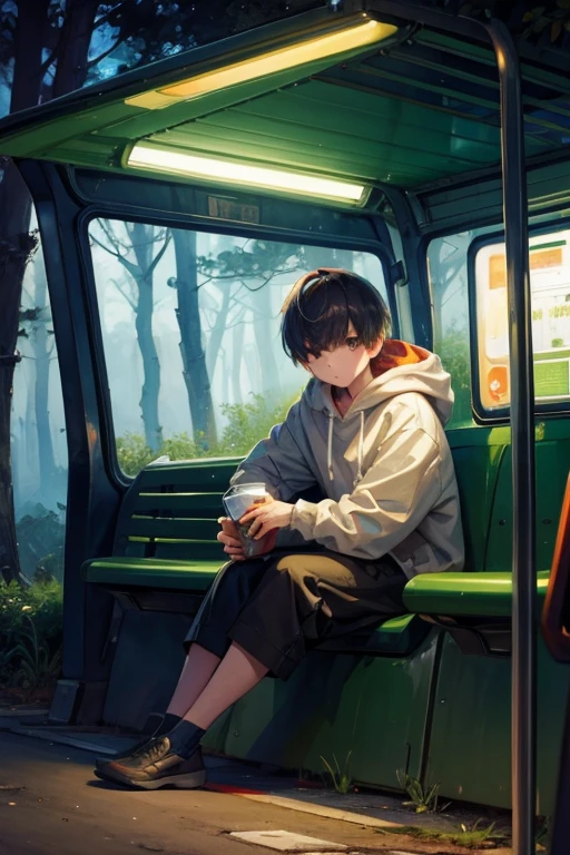 guy, bowl haircut, hoodie, nighttime, sitting in a bus stop, forest in background