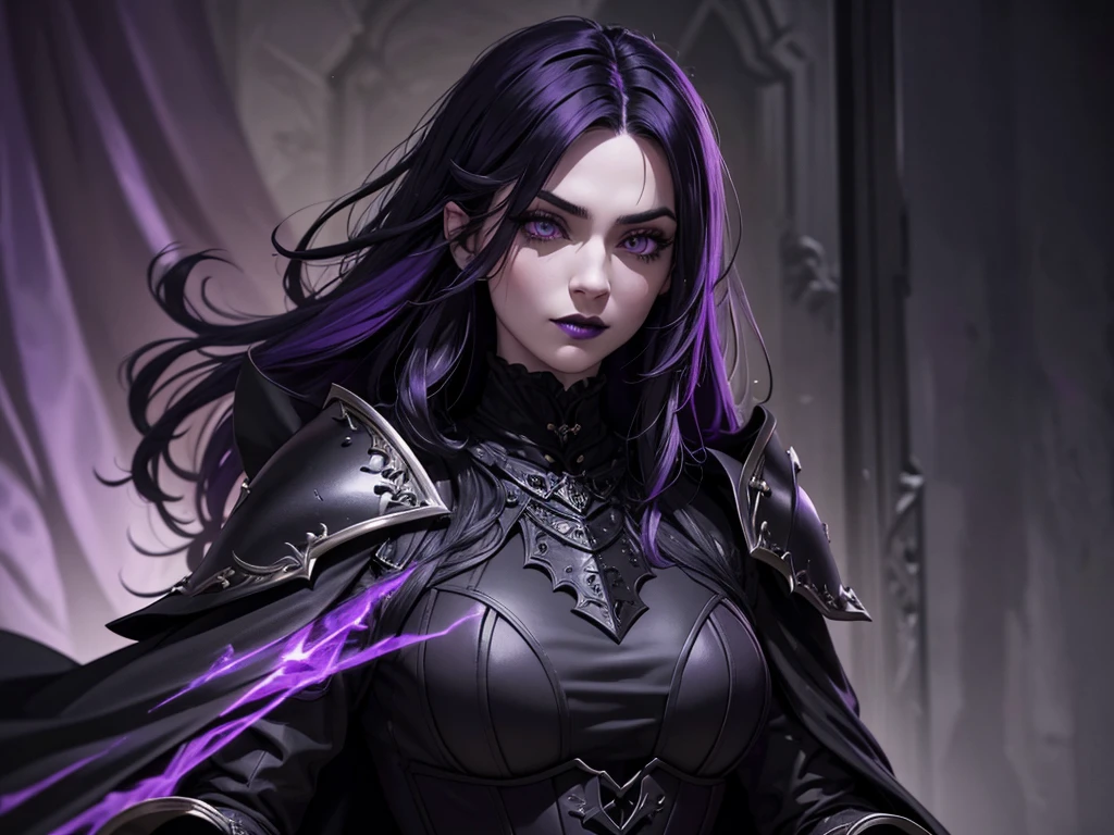 An adult vampire wizard character wearing a very detailed and beautiful gothic armor in black and purple color. Seu cabelo com corte em estilo curto, black lip color, cor roxa dos olhos;, manto, capuz, caminhando, 8k, Magnificent, Black and purple Gothic armor, capa