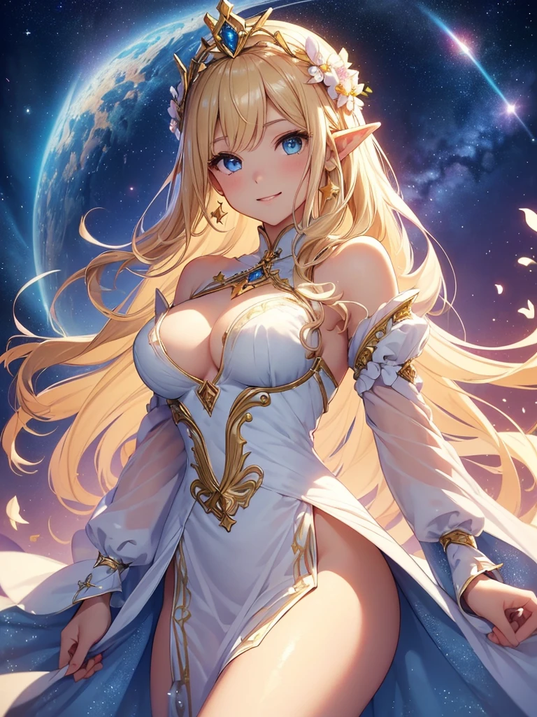 top-quality、Top image quality、masterpiece、Super beautiful fairy girl((24 year old、Best Bust、big bast、Bust 90,Beautiful blue eyes、,Blonde long hair、A slender、a closeup、Esbian、beautiful tiara、hiquality、Beautiful Art、Background with((starrysky)))masutepiece、visualart、depth of fields、low angle of morning sky、、Elven ears、、light magic、kosmos、mid night、harp melody🎵、Happy smile、Gentle light、、Beautiful skins、beutiful breast、beautiful foot、welcome、、accurate fingers、Exact finger count、ticker beautiful dress、elegent、Mystical flower gardens、flower field、Marble pillars、Beautiful dress、are flying、