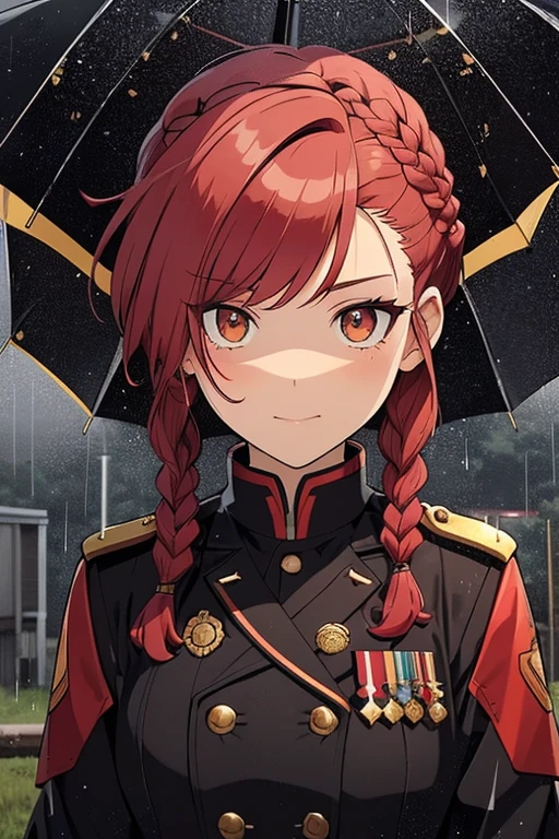 fluffy hair,Red hair,((Braided shorthair)),Slightly red tide,((Gold eyes)),(gloomy rainy meadow),((rifle or handgun)),(Rainy meadow with a warm and modern atmosphere),(Black military uniform),Staring at me, Smile with a kind face, ((drooping eyes)), 9 grids, 9 poses and expressions,