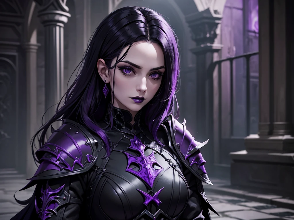 An adult vampire wizard character wearing a very detailed and beautiful gothic armor in black and purple color. Seu cabelo com corte em estilo curto, black lip color, cor roxa dos olhos;, manto, capuz, caminhando, 8k, Magnificent, Black and purple Gothic armor, capa
