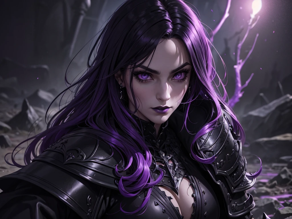 An adult vampire wizard character wearing a very detailed and beautiful gothic armor in black and purple color. Seu cabelo com corte em estilo curto, black lip color, cor roxa dos olhos;, manto, capuz, caminhando, 8k, Magnificent, Black and purple Gothic armor, capa