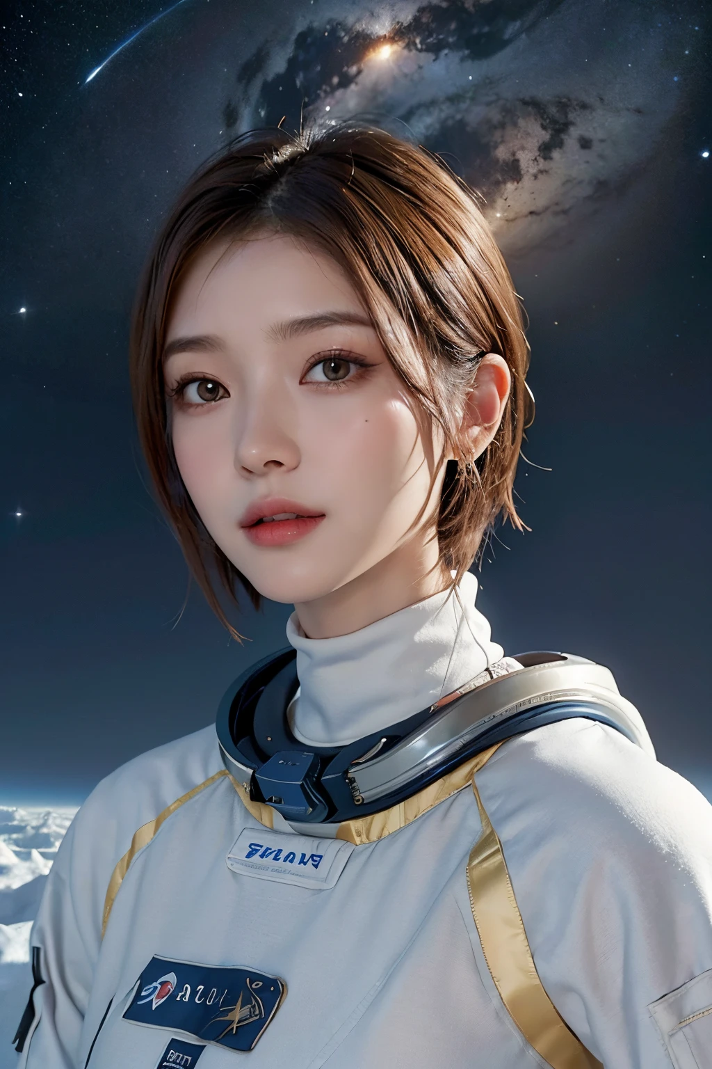 top-quality、masterpiece、超A high resolution、(realisitic:1.4)、Beautuful Women1、Beautiful detail eyes and skin、ssmile、Light brown short-cut hair、The perfect spacesuit、spaceships、cosmic space、iced&Snow Planet、cloudy ash sky、weak sunshine、