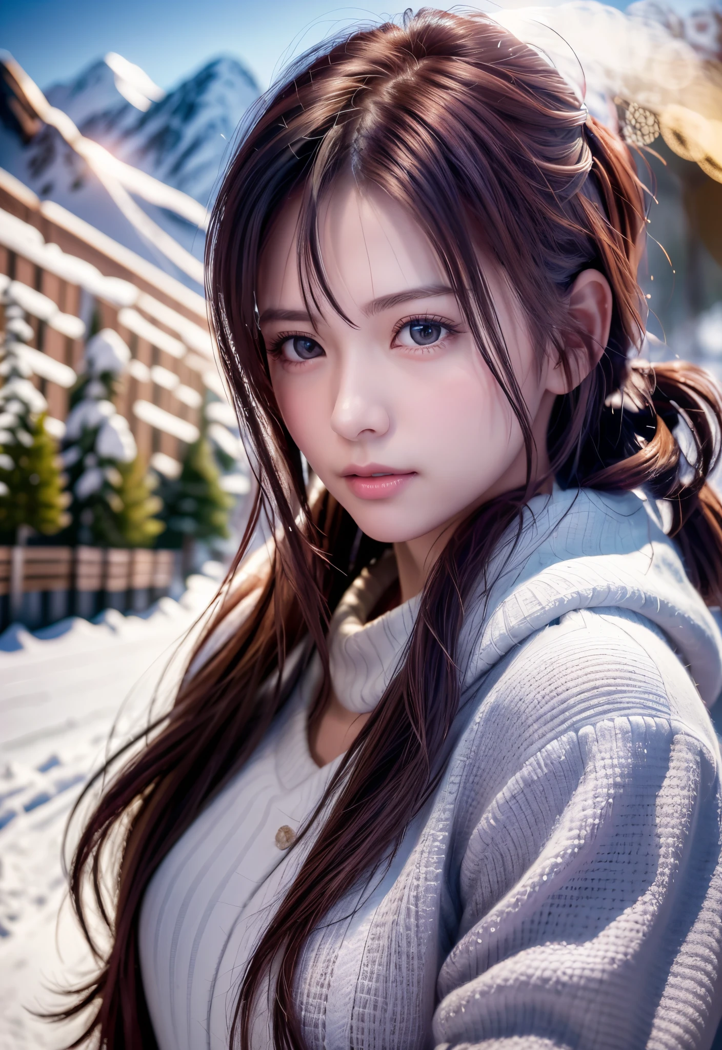 8K, of the highest quality, masutepiece:1.2), (Realistic, Photorealsitic:1.37), of the highest quality, masutepiece, Beautiful young woman, Pensive expression,、A charming、and an inviting look, skiing、snowboarder、Ski Wear, Hair tied back, Cinematic background, Light skin tone、Ski Resort Background