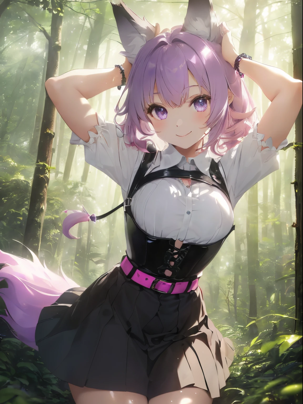 ((Wolf ears)),(),(Sturdy collar with jewels),((Mixed hair of glossy black and light pink)),(Soft curly hair),((Lilac eyes)),(A shirt that looks easy to move in),((A dress that shows off your body line beautifully.)),(a miniskirt.),((corsets)),(Harness belt),Slight red tide,Happy smile,((The moment you jump powerfully)),(jumpping),Kamimei,((arms and legs spread)),((A forest where soft light shines through)),(fantastic colorful light)),(Irridescent color),((close up of face)),((bushy dog tail))