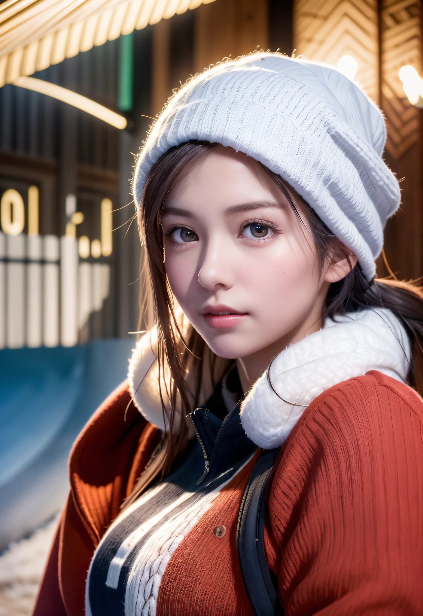 8K, of the highest quality, masutepiece:1.2), (Realistic, Photorealsitic:1.37), of the highest quality, masutepiece, Beautiful young woman, Pensive expression,、A charming、and an inviting look, skiing、snowboarder、Ski Wear, Hair tied back, Cinematic background, Light skin tone、Ski Resort Background