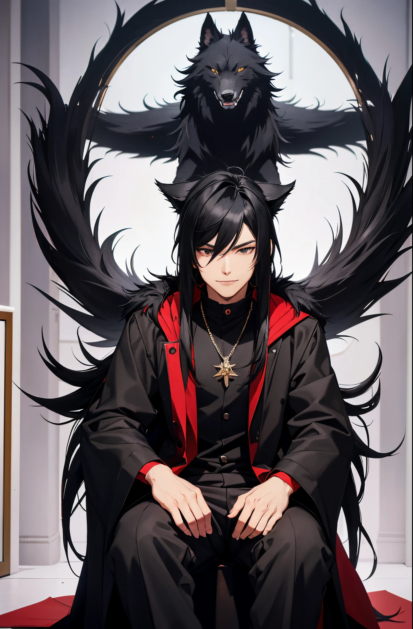 anime style, young adult, male, black coat trimmed with red fur, long and mane-like black hair, dull black eyes, smiling, beautiful face, lean body, black sweatpants, feminine face, black throne room scenario, sitting on a black throne, black stone wolf statues