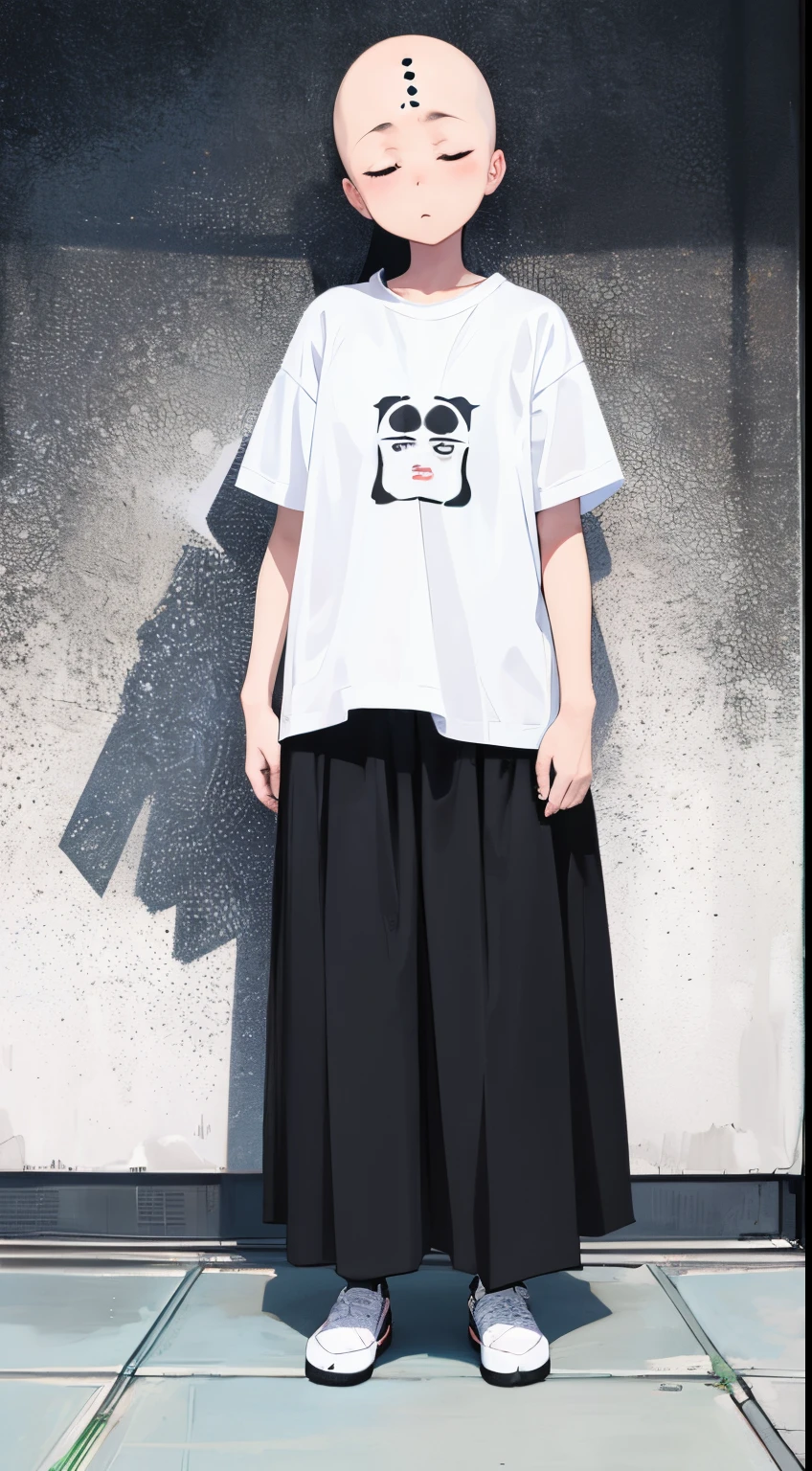 Nothing background　white backgrounid　Zazen　full body seen　Eyes closed　frontage　Zazen　Skinhead Girl　Dots on the forehead　white t-shirts　frontage　white backgrounid