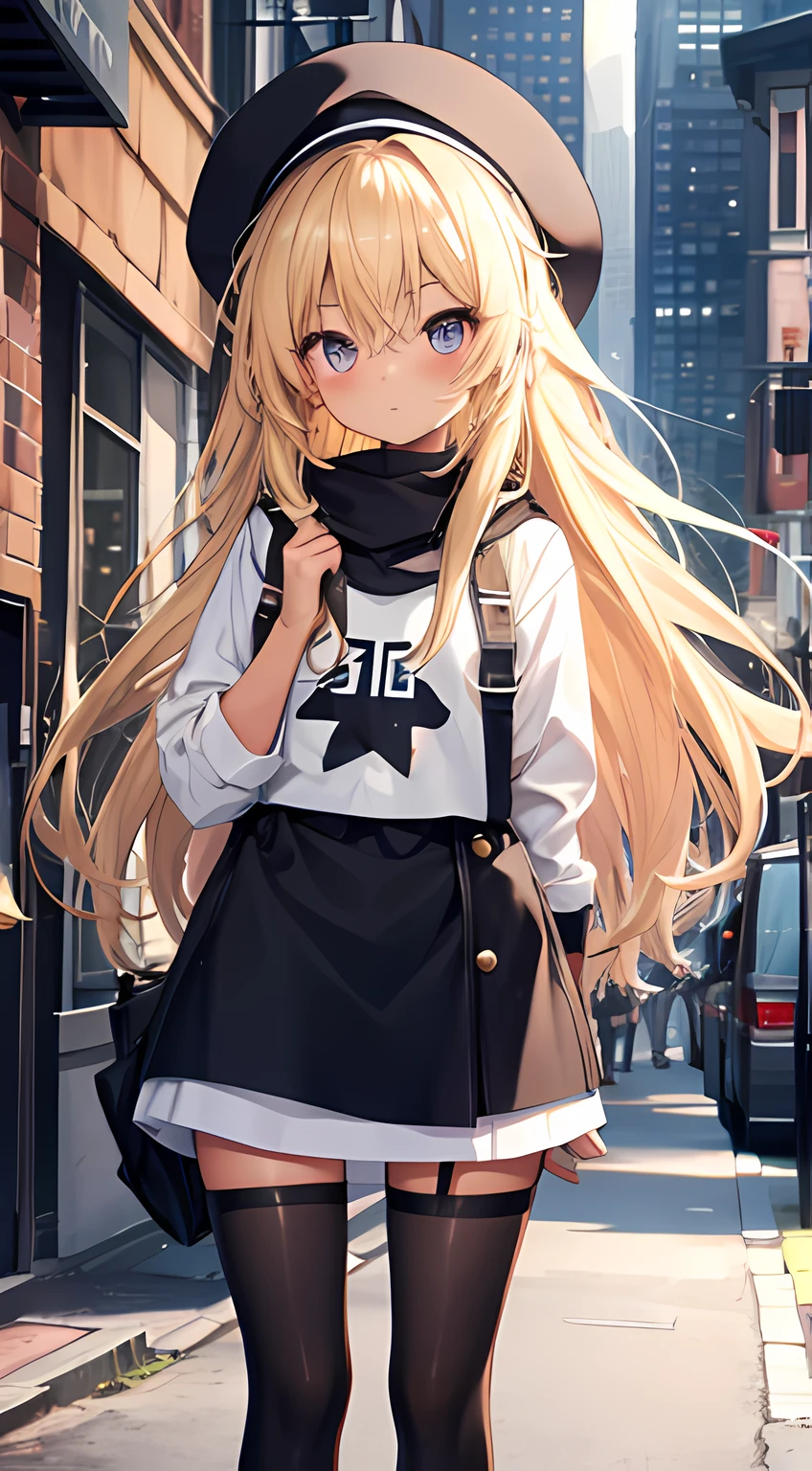 tanned skin, long blonde hair,, black stockings, cute, , urban clothing