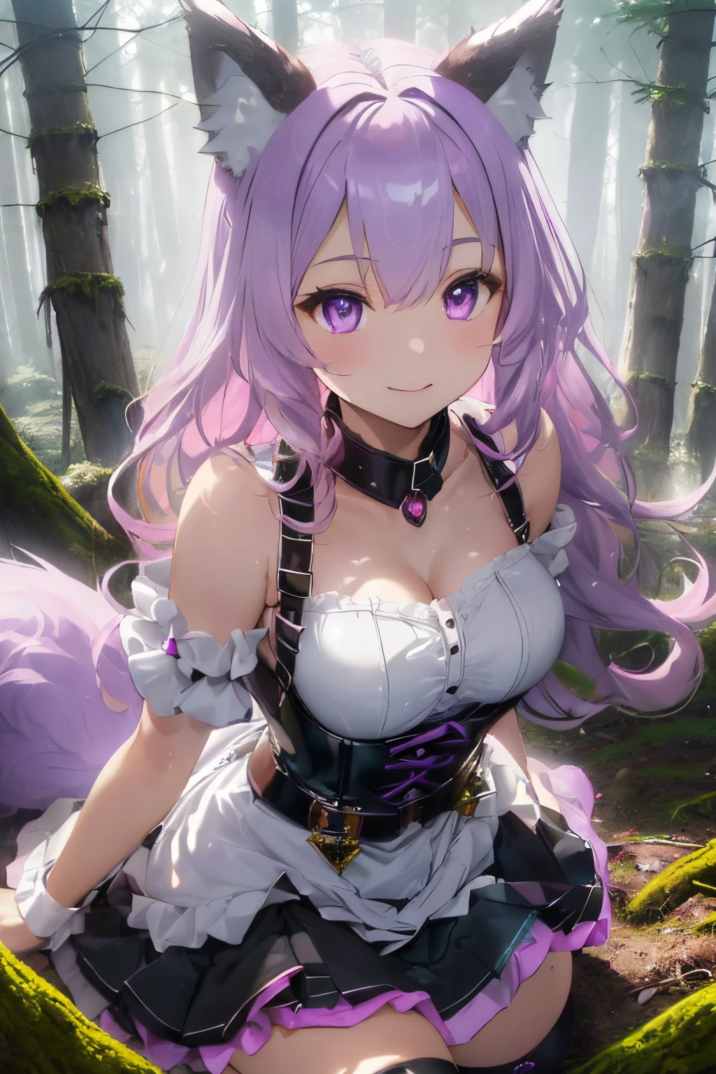 ((Wolf ears)),(),(Sturdy collar with jewels),((Mixed hair of glossy black and light pink)),(Soft curly hair),((Lilac eyes)),(A shirt that looks easy to move in),((A dress that shows off your body line beautifully.)),(a miniskirt.),((corsets)),(Harness belt),Slight red tide,Happy smile,((The moment you jump powerfully)),(jumpping),Kamimei,((arms and legs spread)),((A forest where soft light shines through)),(fantastic colorful light)),(Irridescent color),((close up of face)),((bushy dog tail))