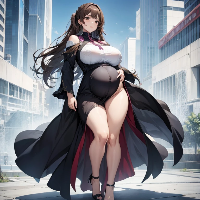 Full body, pregnant, huge belly, huge breasts, thick thighs, very thight clothes, high heels, best quality