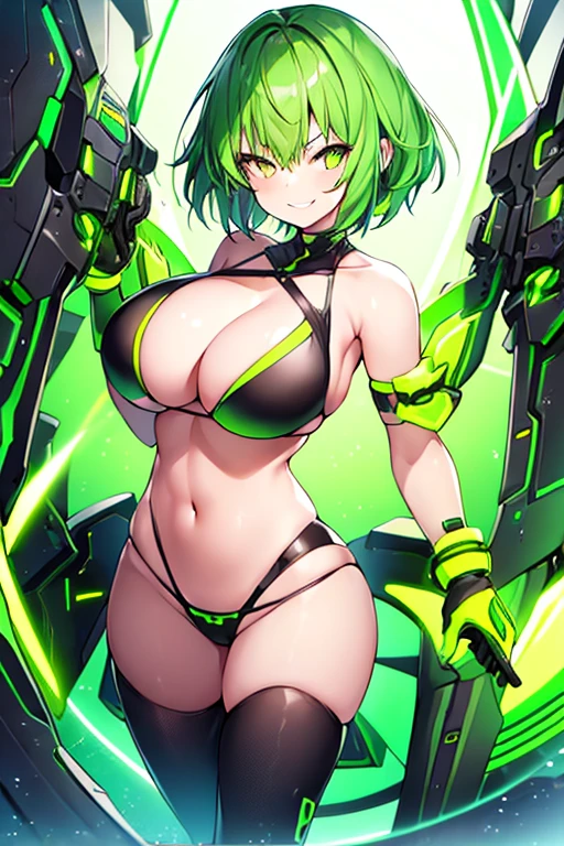 1girl, large breasts, green hair, very short hair, short hair, yellow eyes, bikini, black bikini, neon trim, green neon trim, smile, smirk, smug, futuristic, science-fiction, tech, shoes, sneakers, green neon trim, green trim, v-string, black clothes