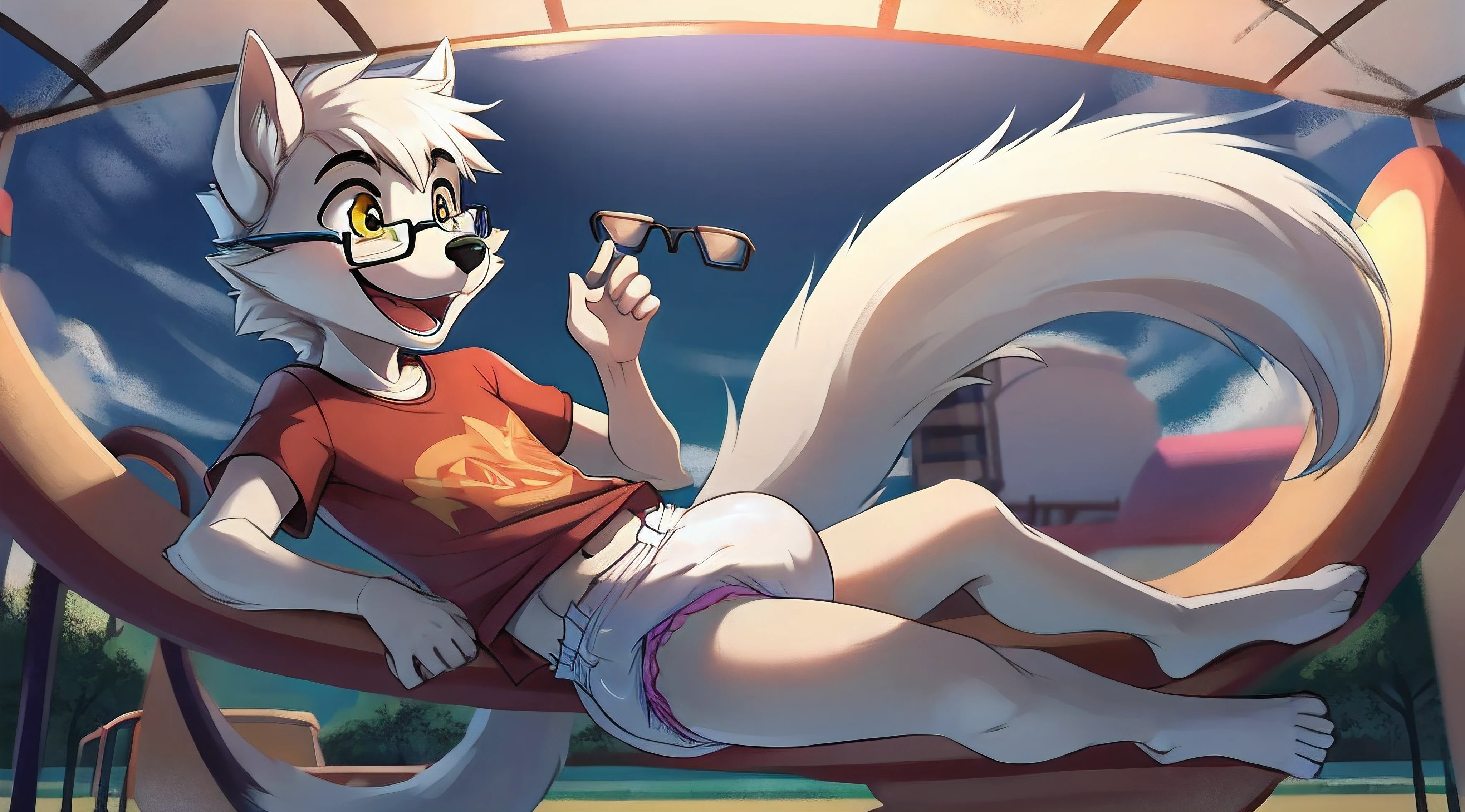 Male, Arctic wolf, detailed yellow eyes, long tail, slim, sly, detailed plain white diaper, extra thick diaper, diaper with 4 tapes, playing at playground, glasses, happy, tshirt, fun