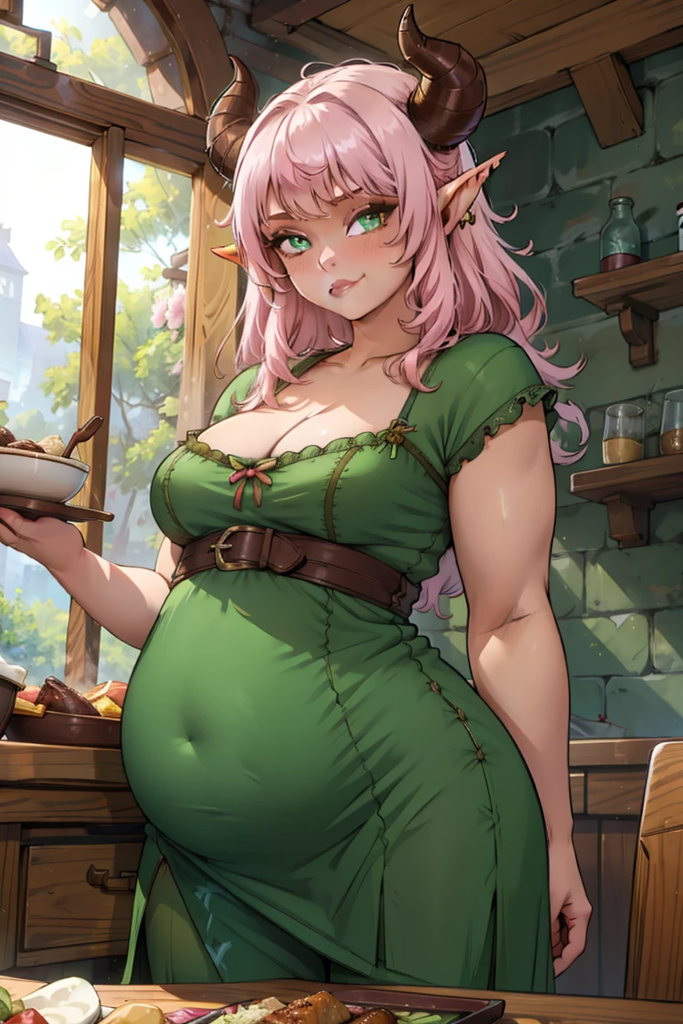 Masterpiece, high quality, best quality, beautiful, HD, perfect lighting, detailed face, detailed body, ((1girl)), ((solo)), small breasts, cleavage, long hair, colored skin, horns, pointy ears, tiefling, light pink hair, green eyes, shily smiling, blushing, tavern dress, green tavern dress, she's in a tavern, a bit dark, candles glowing, she's carrying plates, plates with food, stuffed_belly, tight dress, her dress is tight on her waist, very petite chest, small boobs, green clothing