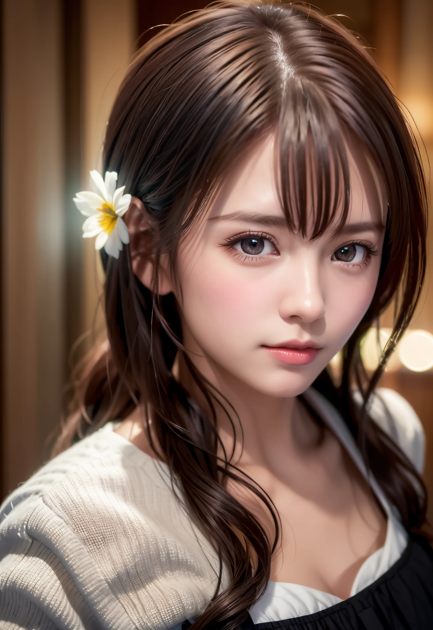 8K, of the highest quality, masutepiece:1.2), (Realistic, Photorealsitic:1.37), of the highest quality, masutepiece, Beautiful young woman, Pensive expression,、A charming、and an inviting look, Cute Maid Clothes, Hair tied back, Cinematic background, Light skin tone