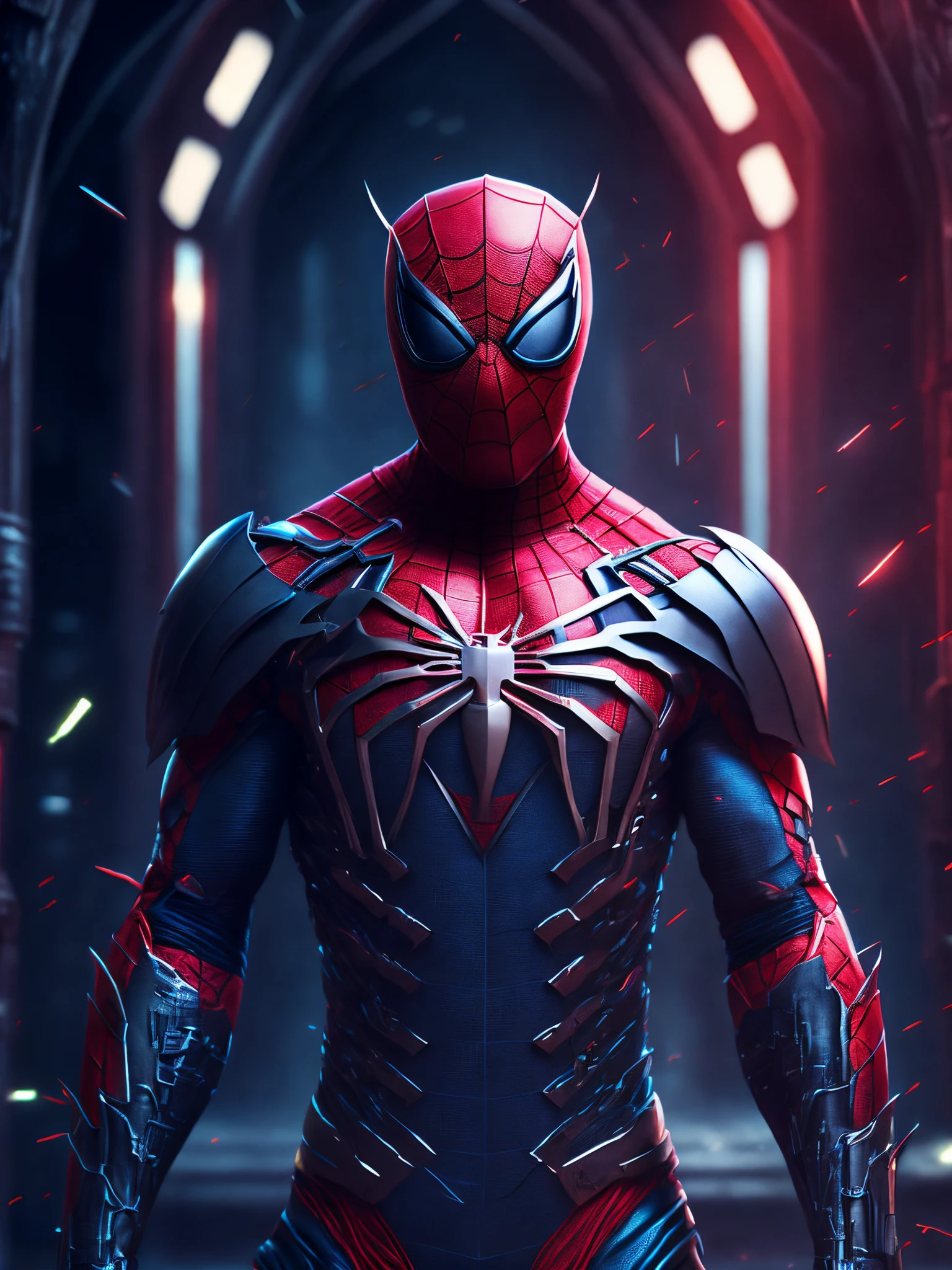мрачный портрет Killer Spider-Man (The whole suit is covered in blood, Pieces of Suit Torn Clothes Sell) da Marvel, with intricate and angular cybernetic implants inside a brutalist building, Gothic brutalist cathedral, Cyberpunk, Foto premiada, Bokeh, neon lights, Membro 4K Cyber ,