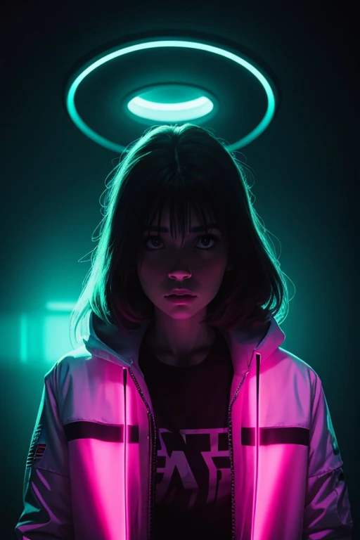 fashion portrait color photograph, woman, upper body, neon lights, x-files, alien abduction